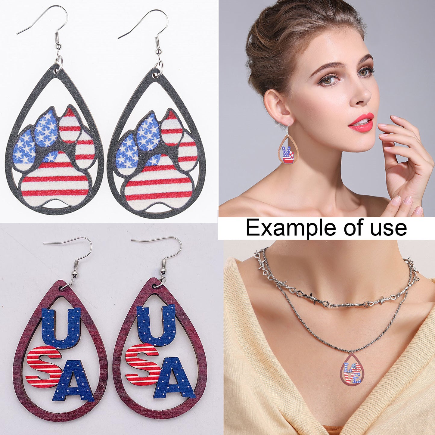 8Pcs Teardrop Frame Butterfly Bear Paw Print Charms American Flag Pattern Design Wooden Dangle for Jewelry Making DIY Crafts Decor