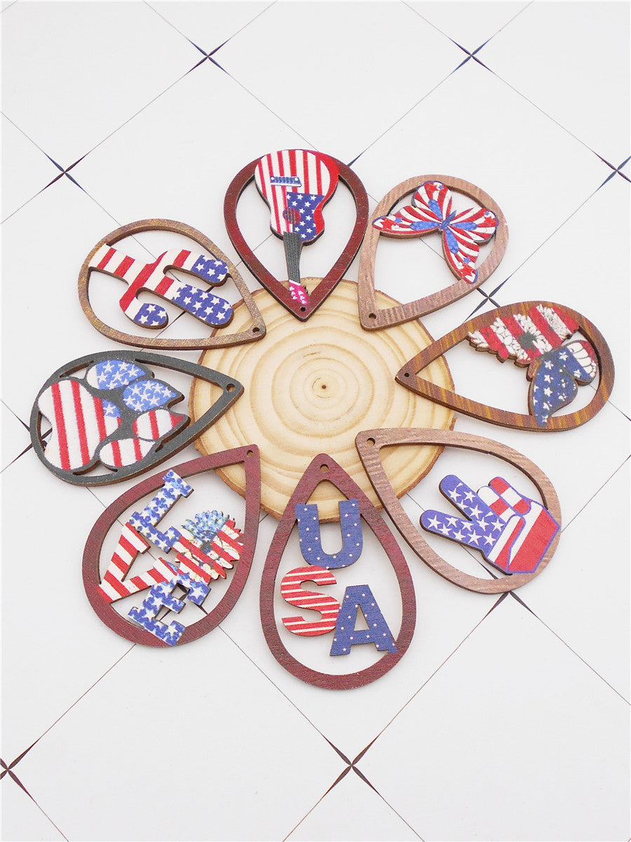 8Pcs Teardrop Frame Butterfly Bear Paw Print Charms American Flag Pattern Design Wooden Dangle for Jewelry Making DIY Crafts Decor