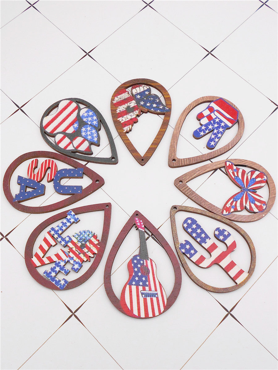 8Pcs Teardrop Frame Butterfly Bear Paw Print Charms American Flag Pattern Design Wooden Dangle for Jewelry Making DIY Crafts Decor