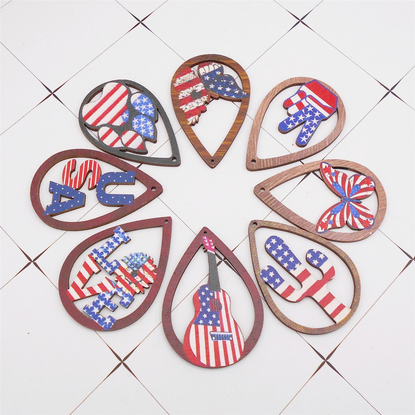 8Pcs Teardrop Frame Butterfly Bear Paw Print Charms American Flag Pattern Design Wooden Dangle for Jewelry Making DIY Crafts Decor