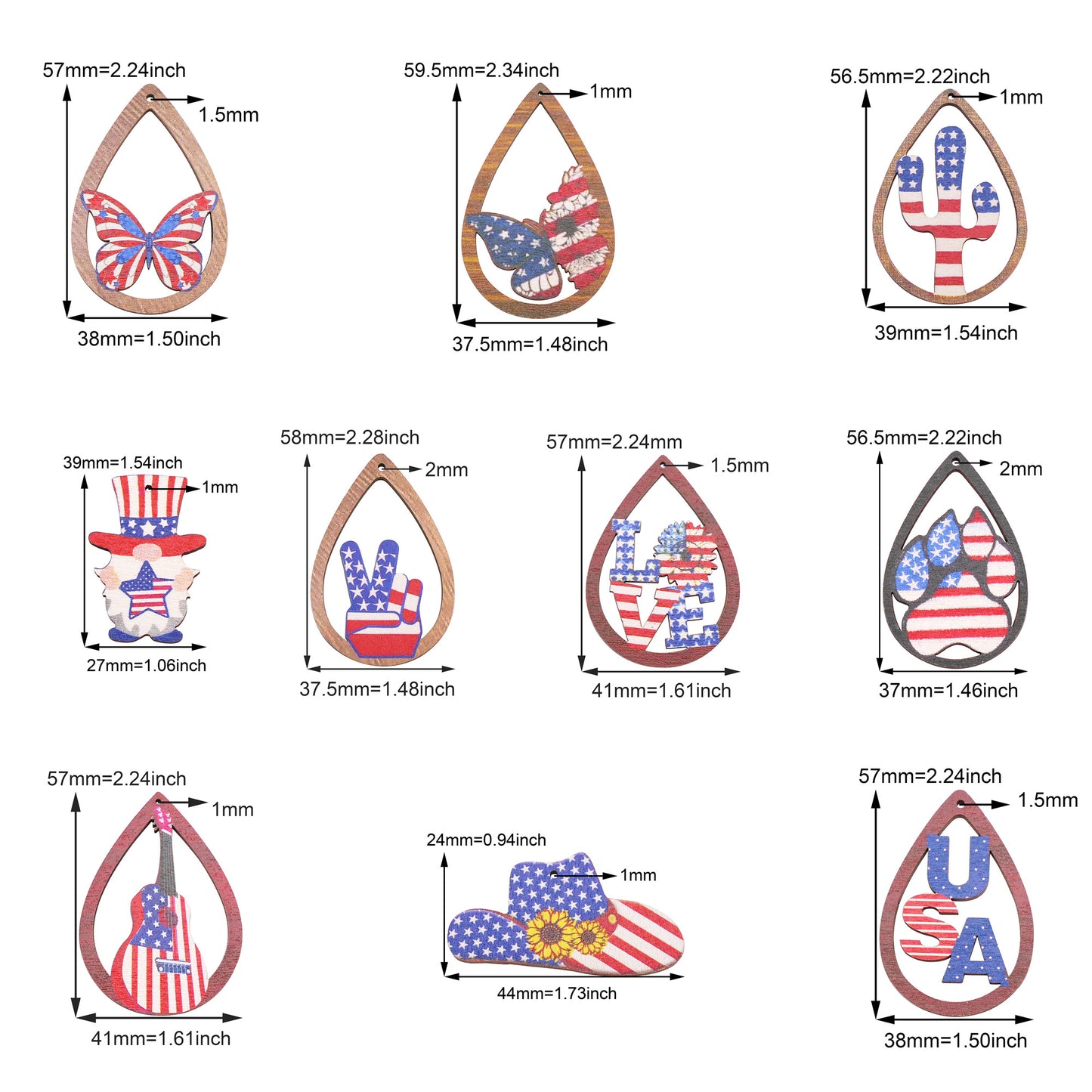 10Pcs American Flag Pattern Wood Charms Butterfly Cactus Hat Design Pendant Dangle for Jewelry Making DIY Craft Supplies Keychain Dangle Decor