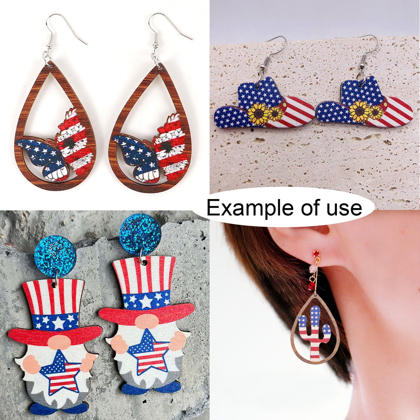 10Pcs American Flag Pattern Wood Charms Butterfly Cactus Hat Design Pendant Dangle for Jewelry Making DIY Craft Supplies Keychain Dangle Decor