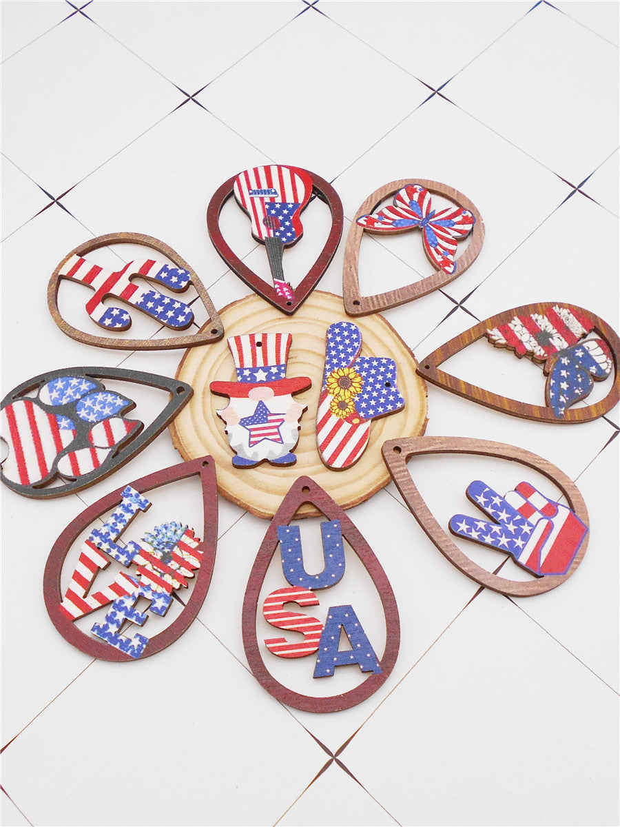 10Pcs American Flag Pattern Wood Charms Butterfly Cactus Hat Design Pendant Dangle for Jewelry Making DIY Craft Supplies Keychain Dangle Decor