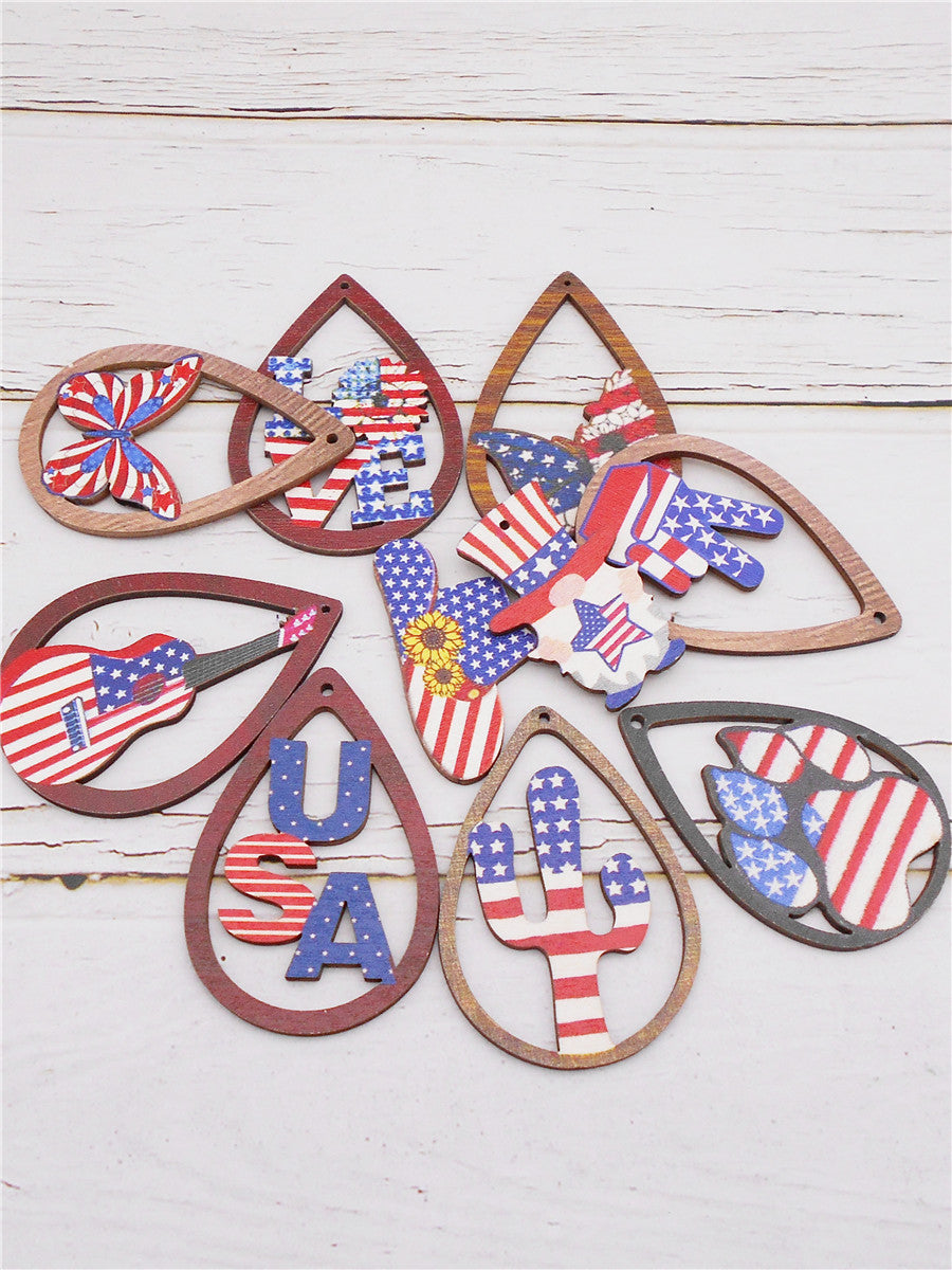 10Pcs American Flag Pattern Wood Charms Butterfly Cactus Hat Design Pendant Dangle for Jewelry Making DIY Craft Supplies Keychain Dangle Decor