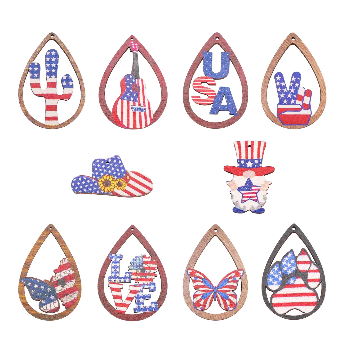 10Pcs American Flag Pattern Wood Charms Butterfly Cactus Hat Design Pendant Dangle for Jewelry Making DIY Craft Supplies Keychain Dangle Decor