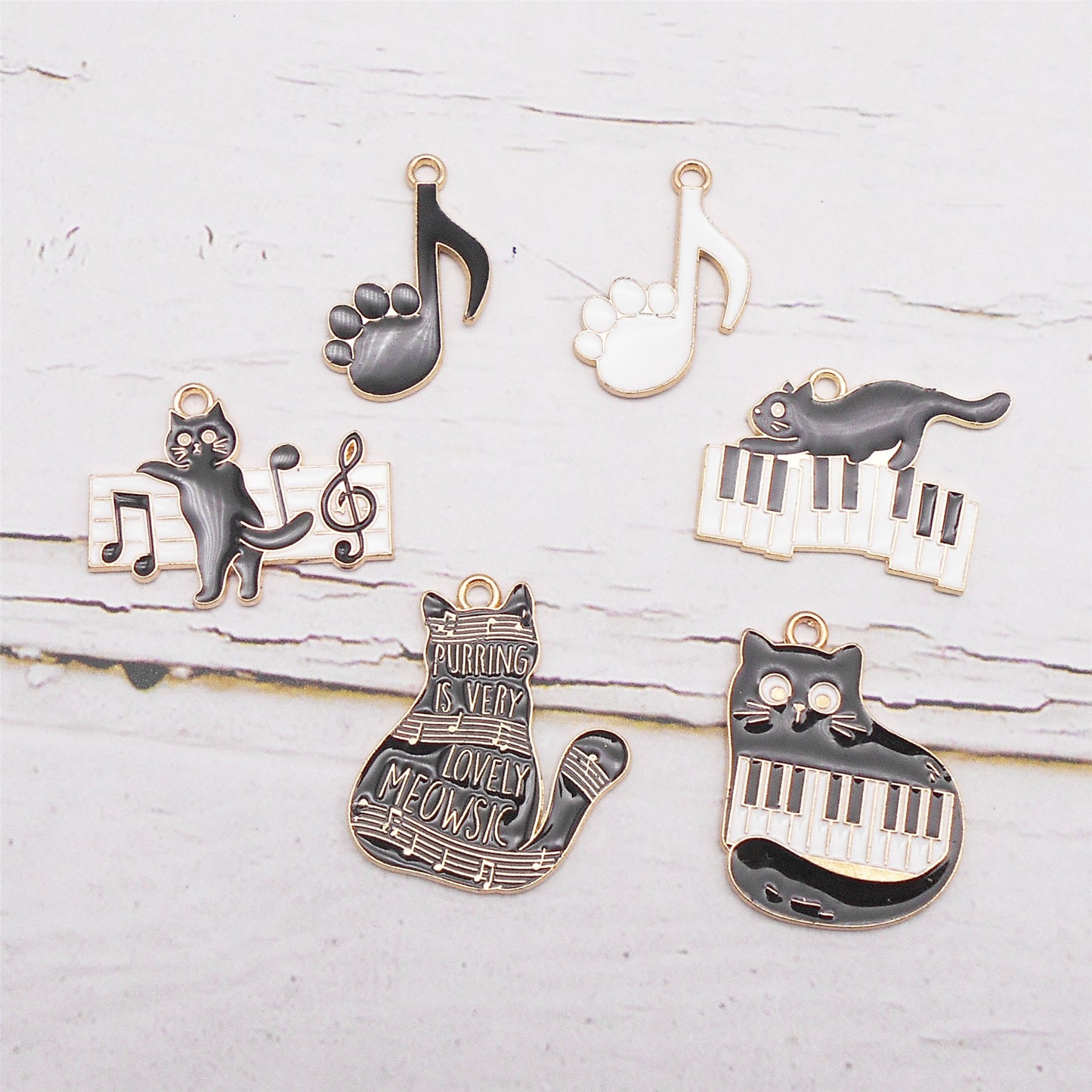 6Pcs Enamel Cat&Piano Charm Metal Cat Paw Music Note Pendant for Jewelry Making, DIY Crafts Supplies, Necklace & Earrings Decor