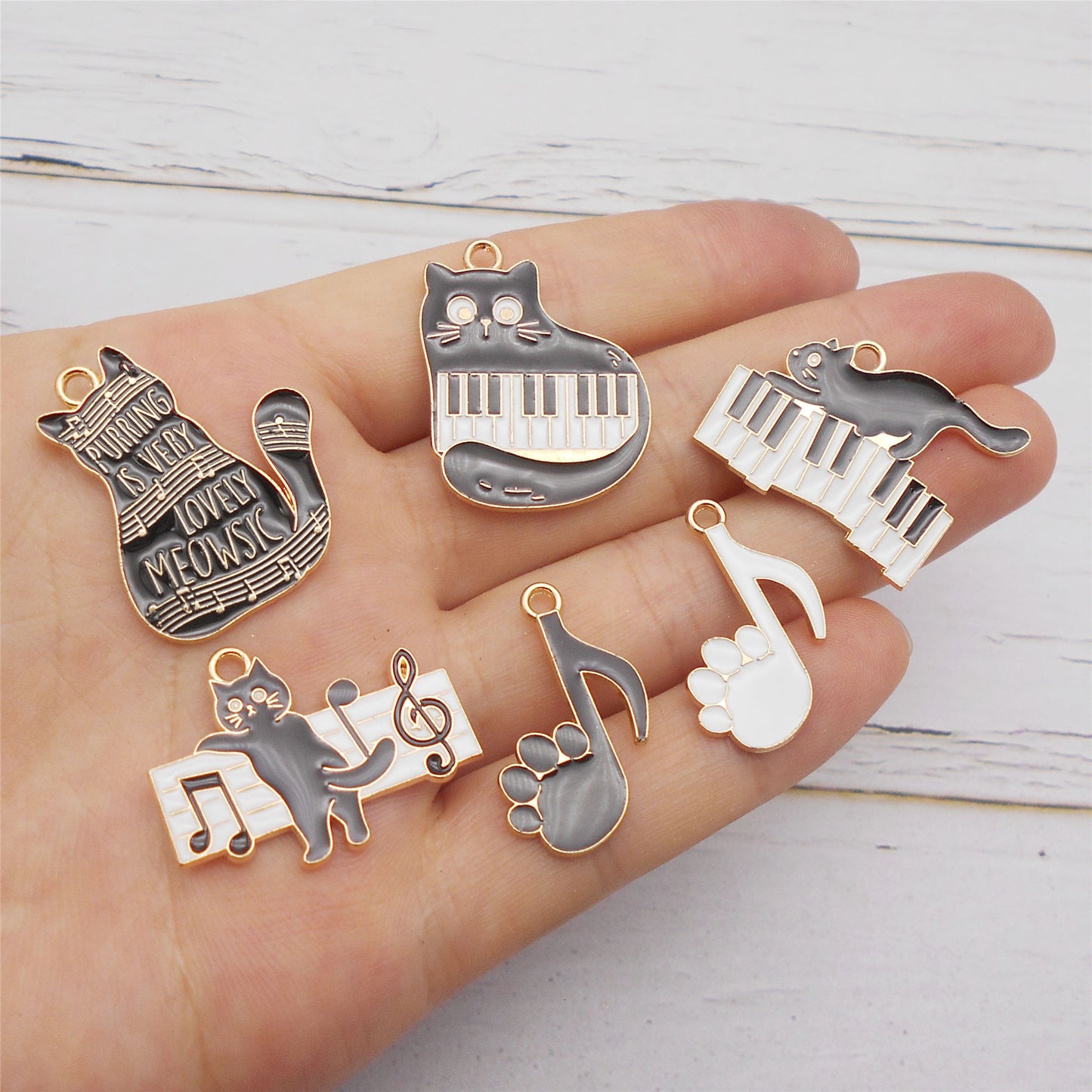 6Pcs Enamel Cat&Piano Charm Metal Cat Paw Music Note Pendant for Jewelry Making, DIY Crafts Supplies, Necklace & Earrings Decor