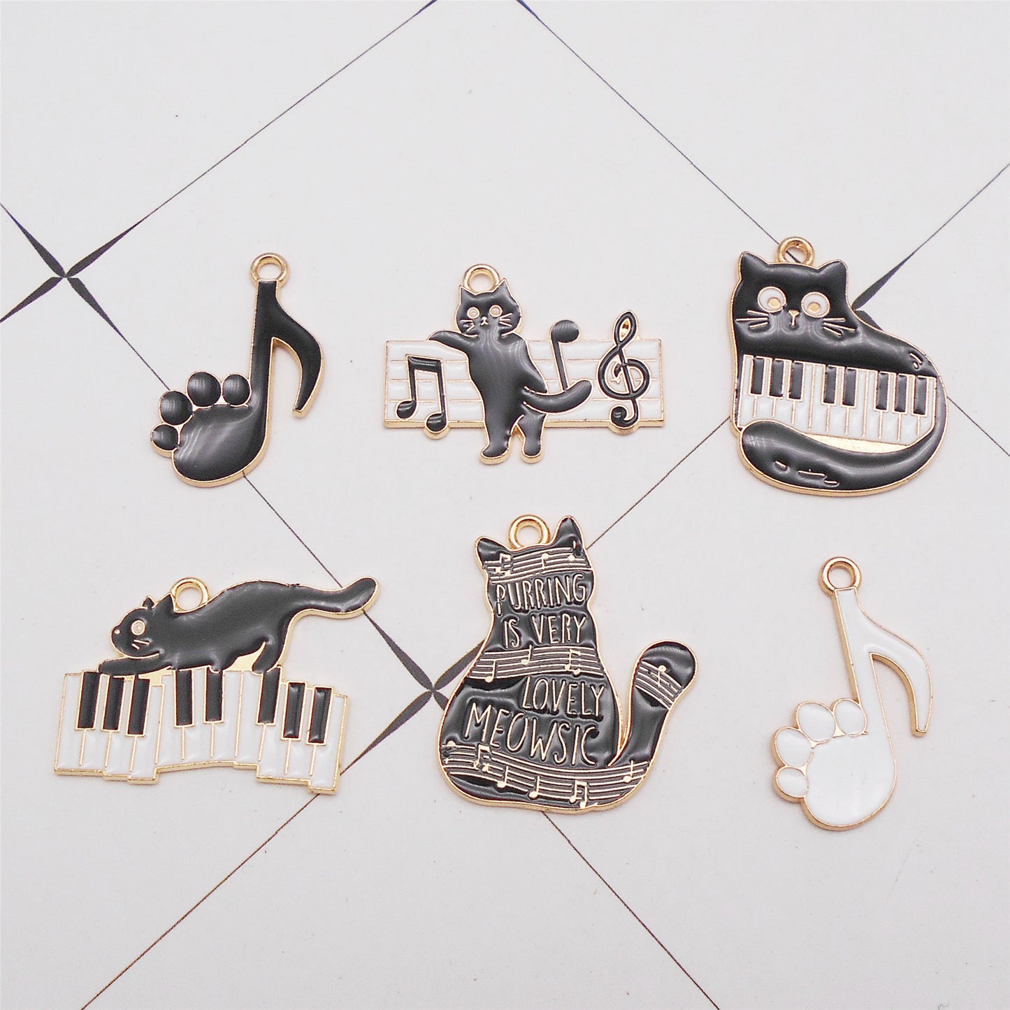 6Pcs Enamel Cat&Piano Charm Metal Cat Paw Music Note Pendant for Jewelry Making, DIY Crafts Supplies, Necklace & Earrings Decor