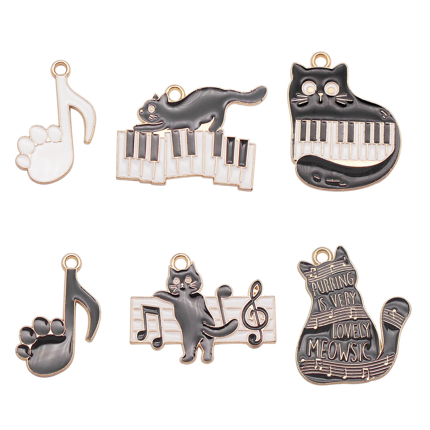 6Pcs Enamel Cat&Piano Charm Metal Cat Paw Music Note Pendant for Jewelry Making, DIY Crafts Supplies, Necklace & Earrings Decor