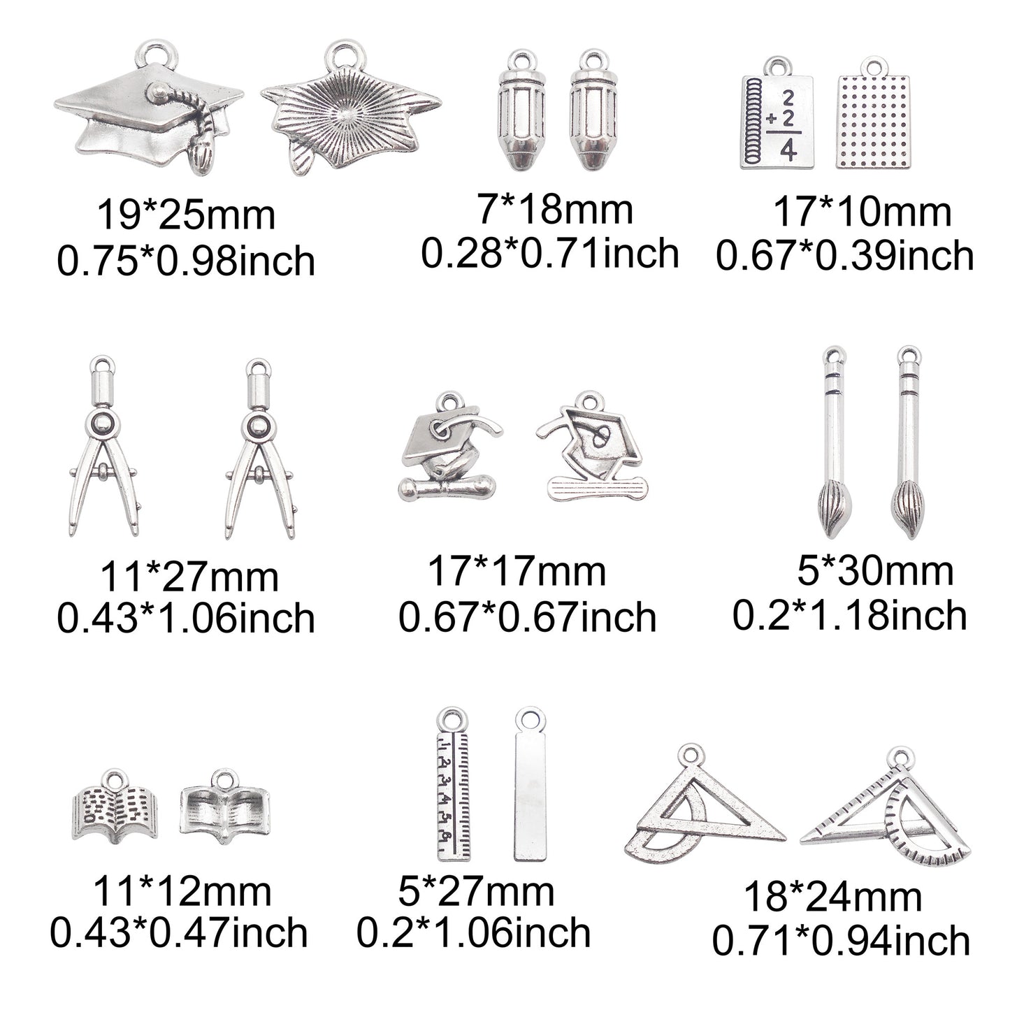 9Pcs Retro Silver Graduation Cap Ruler Pencil Charms Math Theme Study Pendant Metal for Jewelry Making, Graduation Gifrs