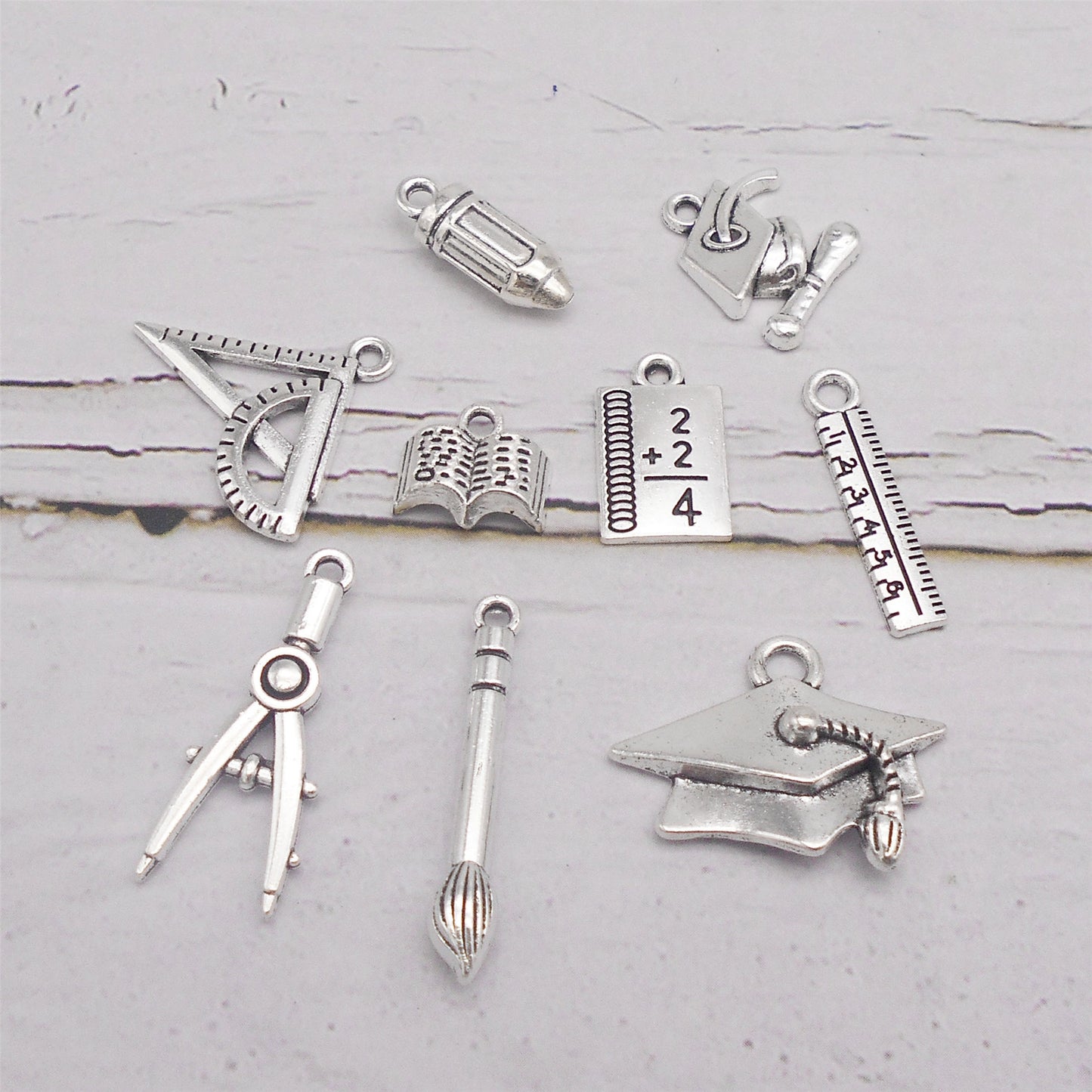 9Pcs Retro Silver Graduation Cap Ruler Pencil Charms Math Theme Study Pendant Metal for Jewelry Making, Graduation Gifrs