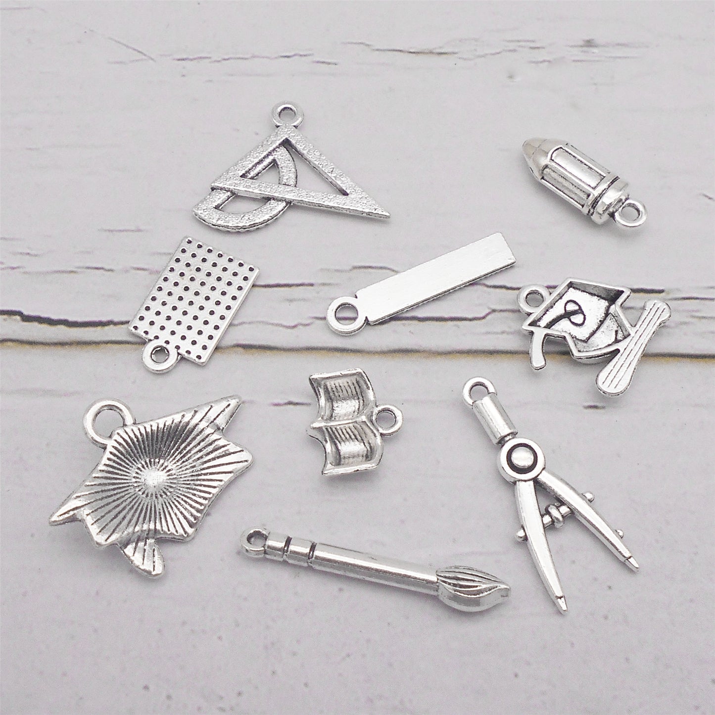9Pcs Retro Silver Graduation Cap Ruler Pencil Charms Math Theme Study Pendant Metal for Jewelry Making, Graduation Gifrs
