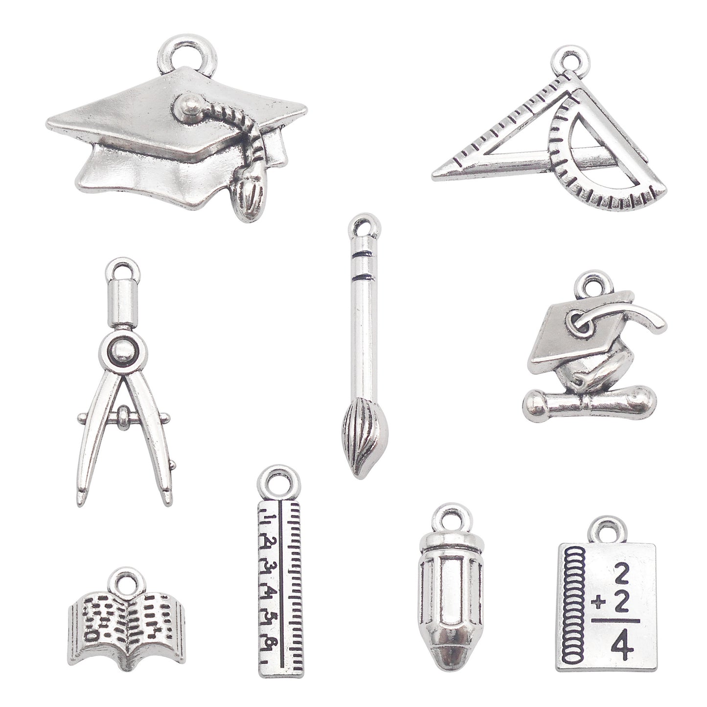 9Pcs Retro Silver Graduation Cap Ruler Pencil Charms Math Theme Study Pendant Metal for Jewelry Making, Graduation Gifrs