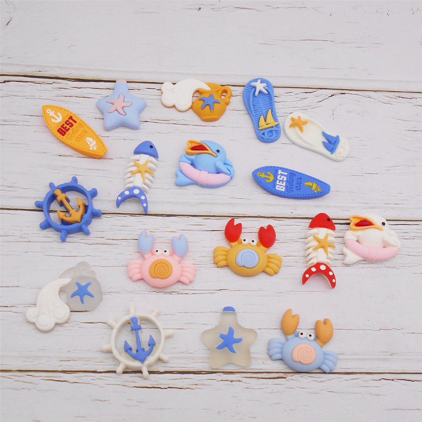17Pcs Cartoon Summer Beach Surfboard Anchor Embellishment Cute Resin Crab Dolphin Patch for Shoe Charms & Hairpin Making, Phone Case Decor