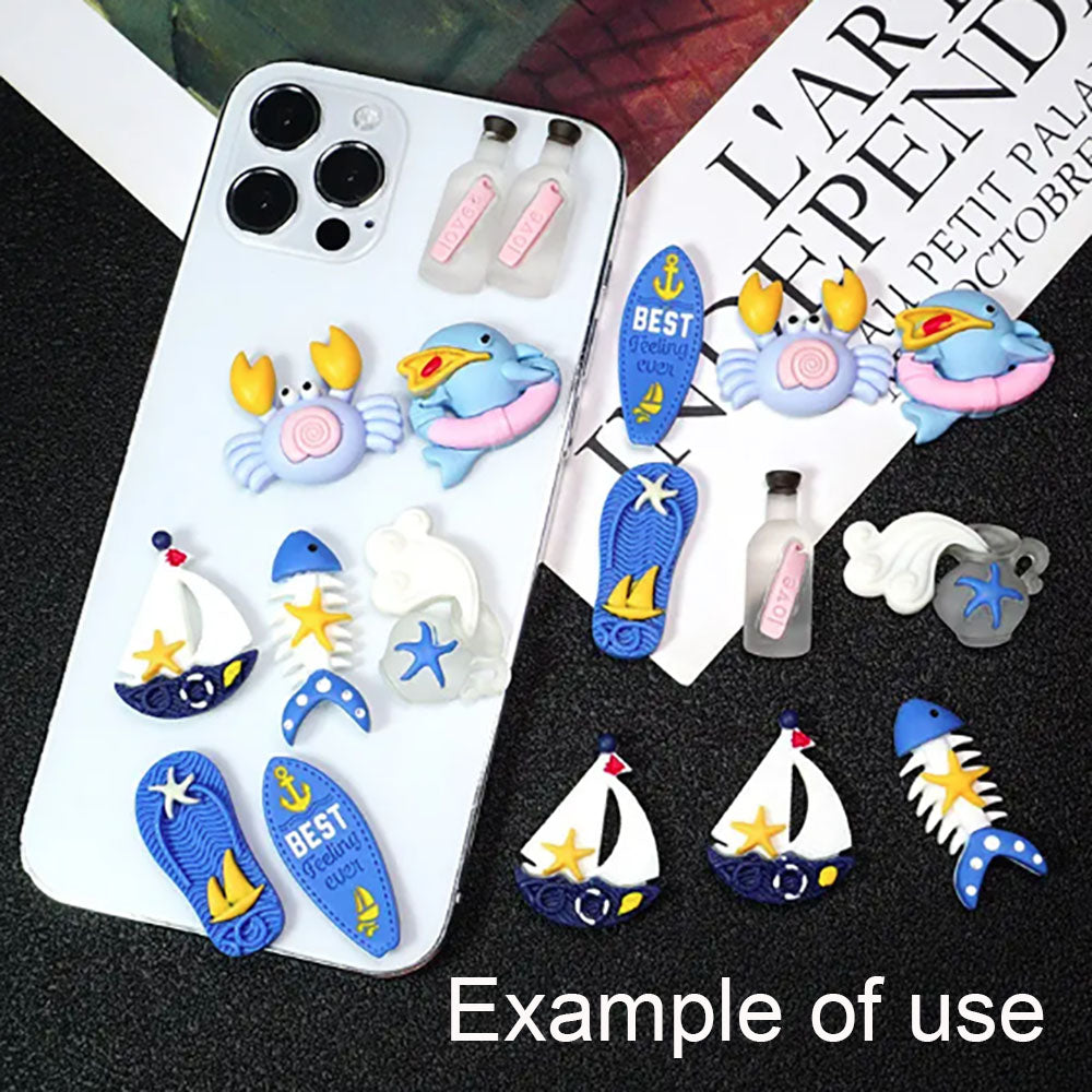 17Pcs Cartoon Summer Beach Surfboard Anchor Embellishment Cute Resin Crab Dolphin Patch for Shoe Charms & Hairpin Making, Phone Case Decor
