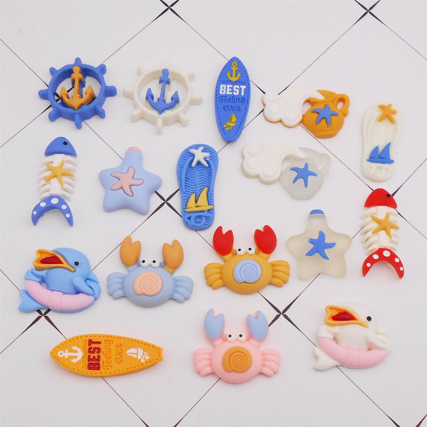 17Pcs Cartoon Summer Beach Surfboard Anchor Embellishment Cute Resin Crab Dolphin Patch for Shoe Charms & Hairpin Making, Phone Case Decor