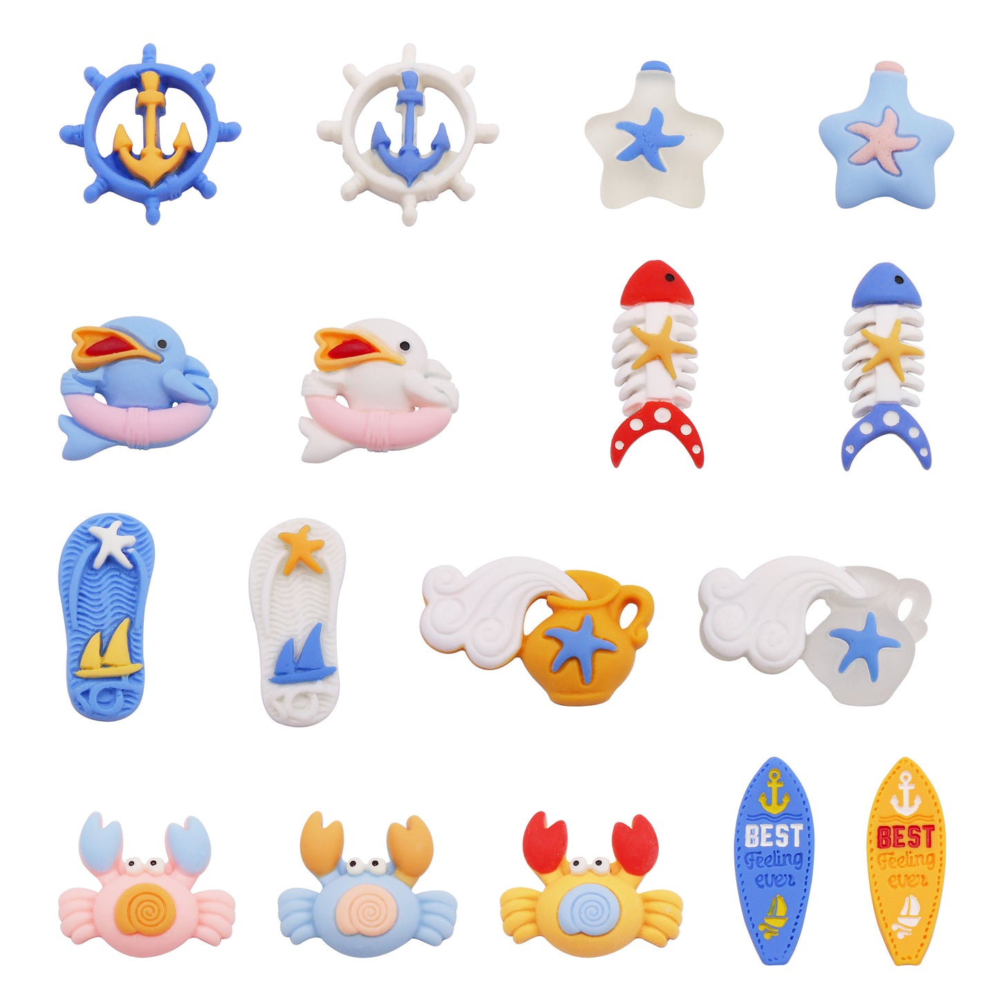 17Pcs Cartoon Summer Beach Surfboard Anchor Embellishment Cute Resin Crab Dolphin Patch for Shoe Charms & Hairpin Making, Phone Case Decor
