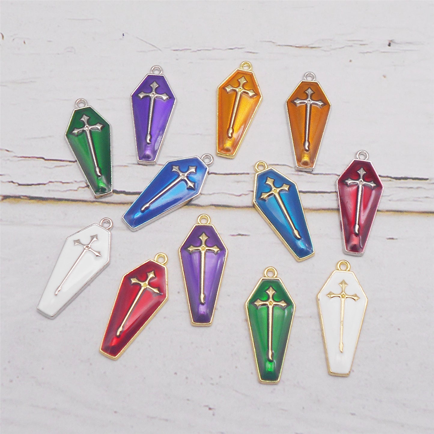 6Pcs Enamel Cross Coffin Charms 26x11mm Metal Halloween Pendants for DIY Jewelry Making, Necklace Earrings Decor, Crafts Supplies