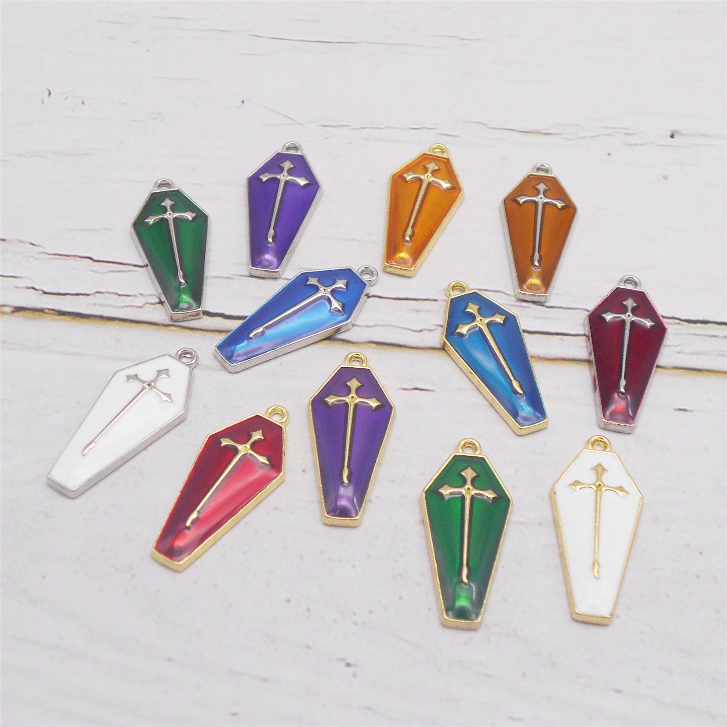 6Pcs Enamel Cross Coffin Charms 26x11mm Metal Halloween Pendants for DIY Jewelry Making, Necklace Earrings Decor, Crafts Supplies