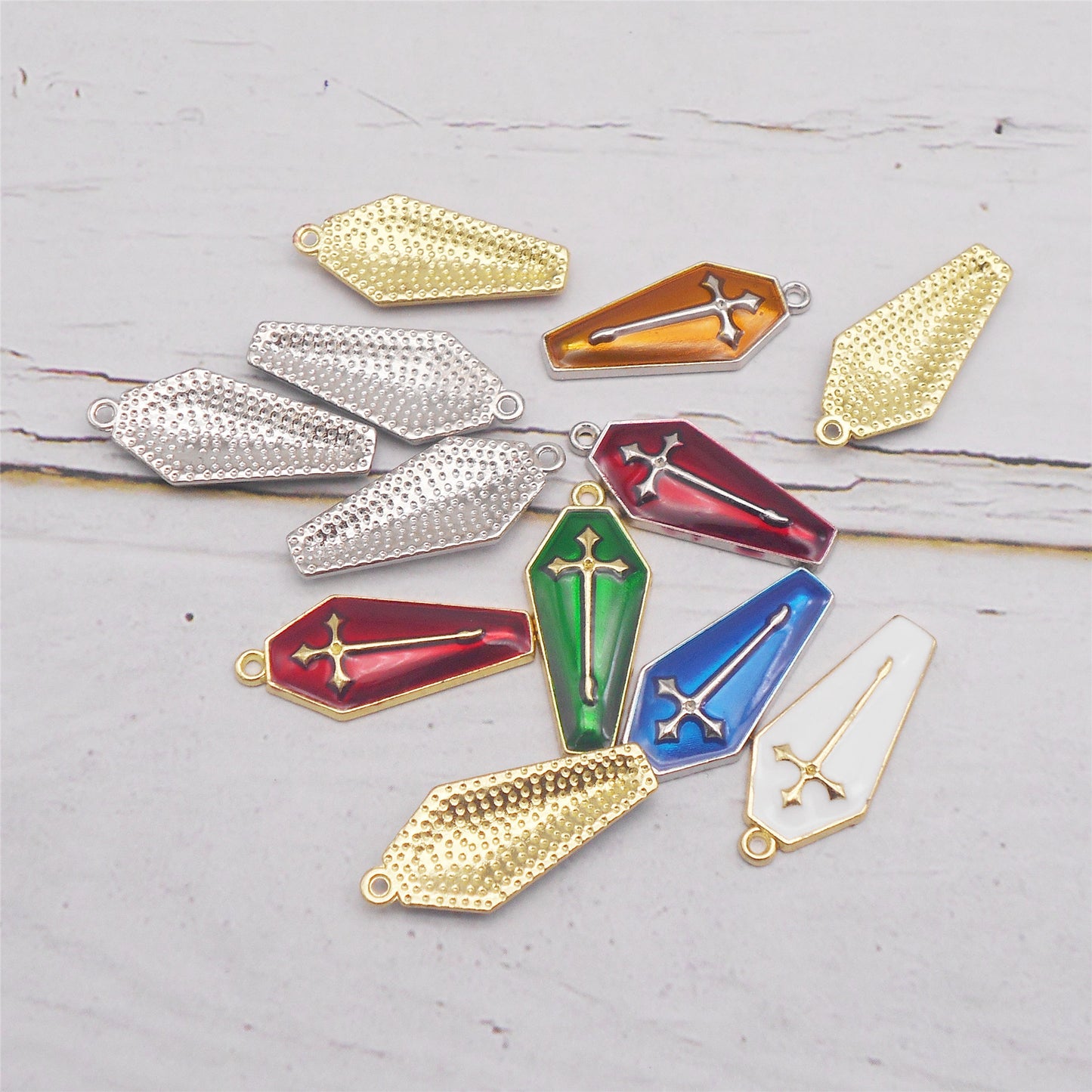 6Pcs Enamel Cross Coffin Charms 26x11mm Metal Halloween Pendants for DIY Jewelry Making, Necklace Earrings Decor, Crafts Supplies