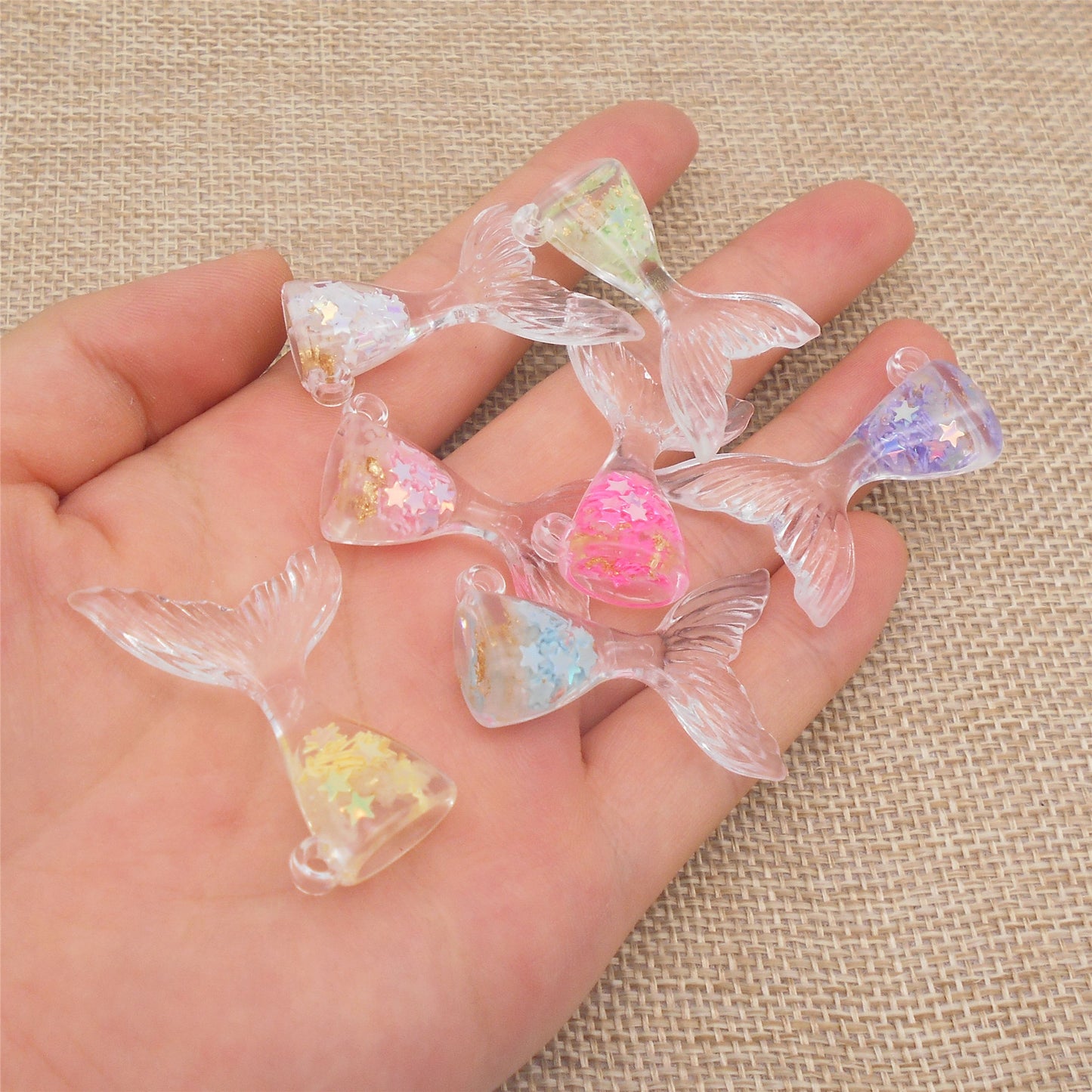 10Pcs 38x27mm Resin Ocean Mermaid Whale Tail Charms with Sparkling Star Decoration for Bracelet Pendant Necklace Earrings Making, DIY Crafts Decor