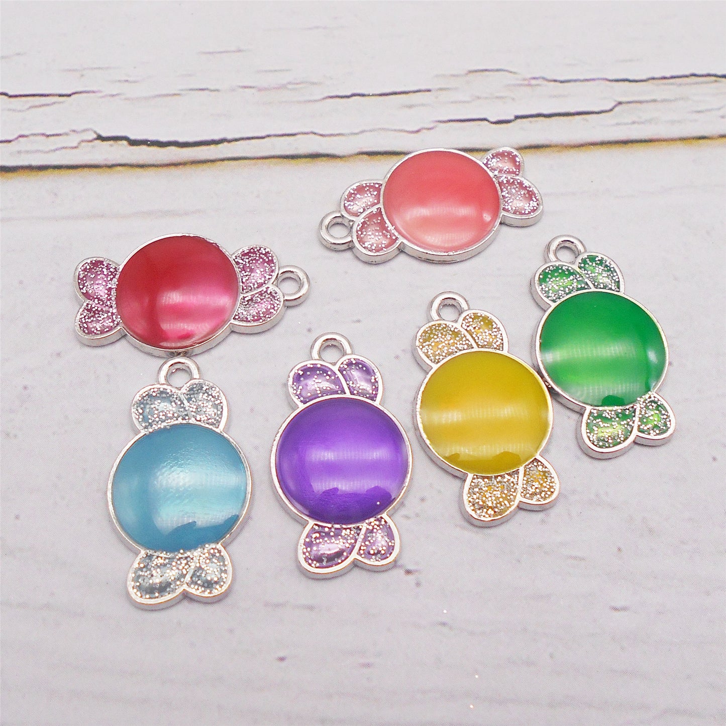 6Pcs Alloy Halloween Sweets Charm with Sparkling Glitter Decoration, 24x14mm Mirror Polish Design Candy Pendant for Jewelry Making DIY Crafts Decor