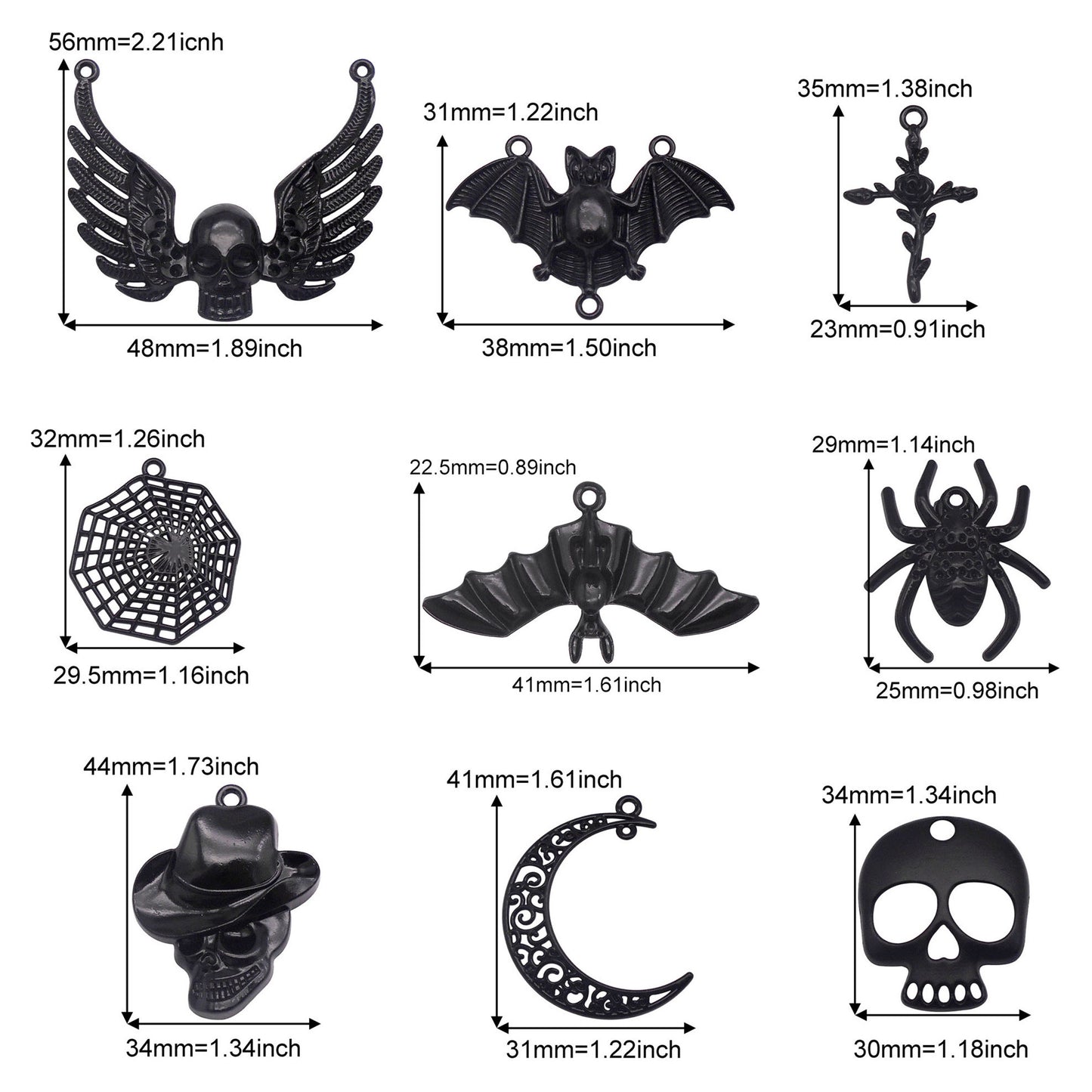 6Pcs Electroplating Halloween Charm Black Alloy Moon Bat Skull Pendant for Necklace Jewelry Making DIY Crafts Decor