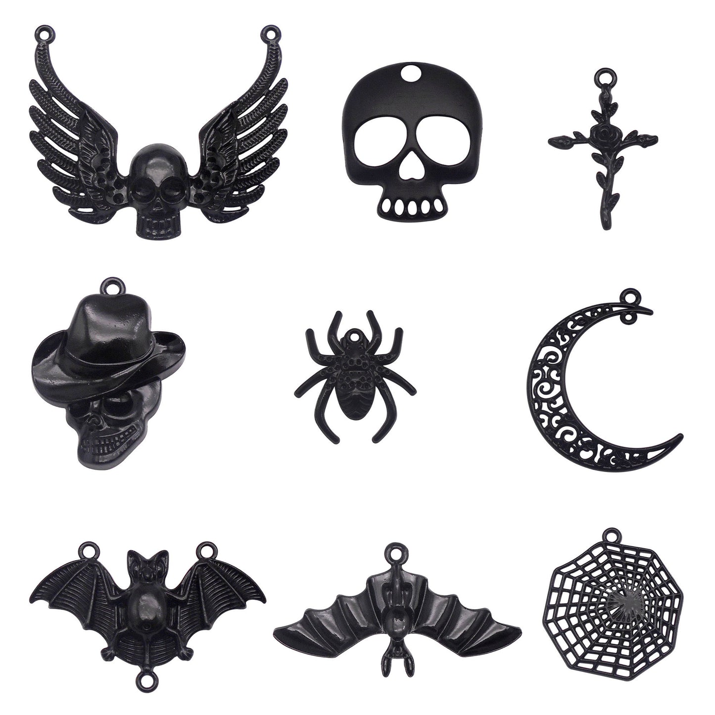 6Pcs Electroplating Halloween Charm Black Alloy Moon Bat Skull Pendant for Necklace Jewelry Making DIY Crafts Decor