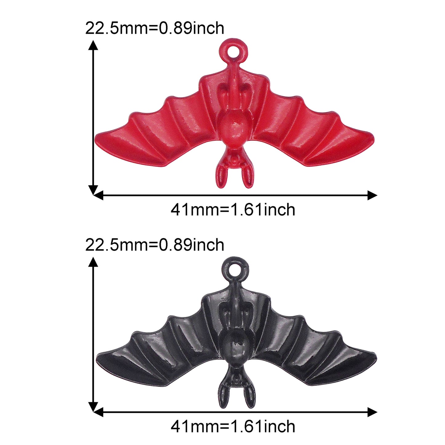 6PCS 22.5x41mm Red & Black Alloy Hanging Bat Charms Enamel Halloween Spooky Wing Pendant for Necklace Bracelet Earrings Making Keychain Decor