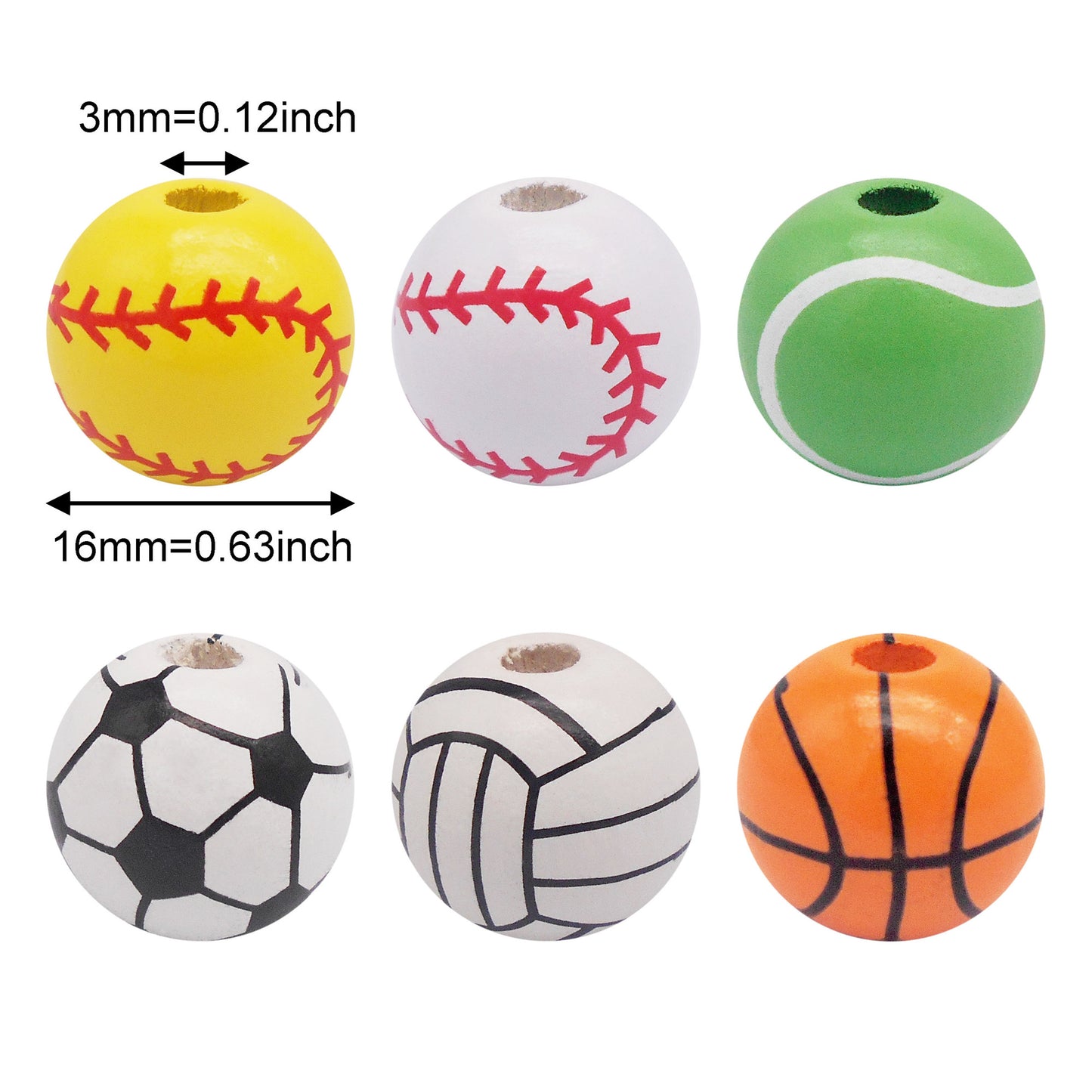 30PCS 16mm Random Styles Wood Ball Loose Beads Tiny Wooden Football Basket Baseball Pattern Spacer Beads for DIY Necklace Bracelet Accessories Hair Tie Making Supplies