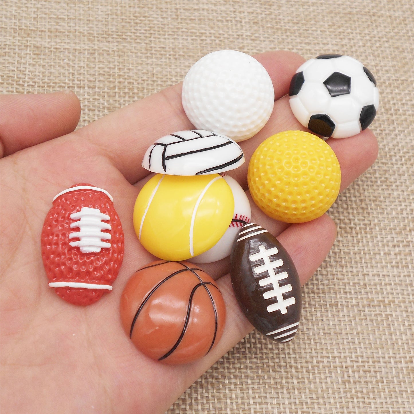 9PCS Resin Flat Back Round Embellishment Dome Football Basketball Baseball Pattern Cabochons for DIY Crafts Supplies, Hair Clip&Phone Case Decoration