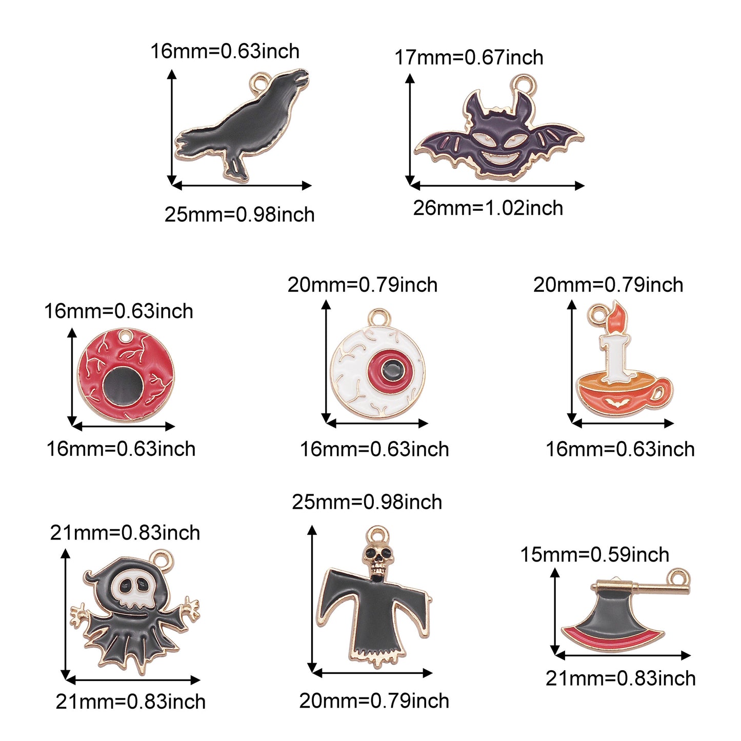 8PCS Halloween Flat Back Alloy Charms Enamel Demon Bat, Ghost, Eyeball, Raven, Burning Candle, Axe Pendant for DIY Jewelry Making Accessories Craft & Party Decor Keychain Dangle Findings