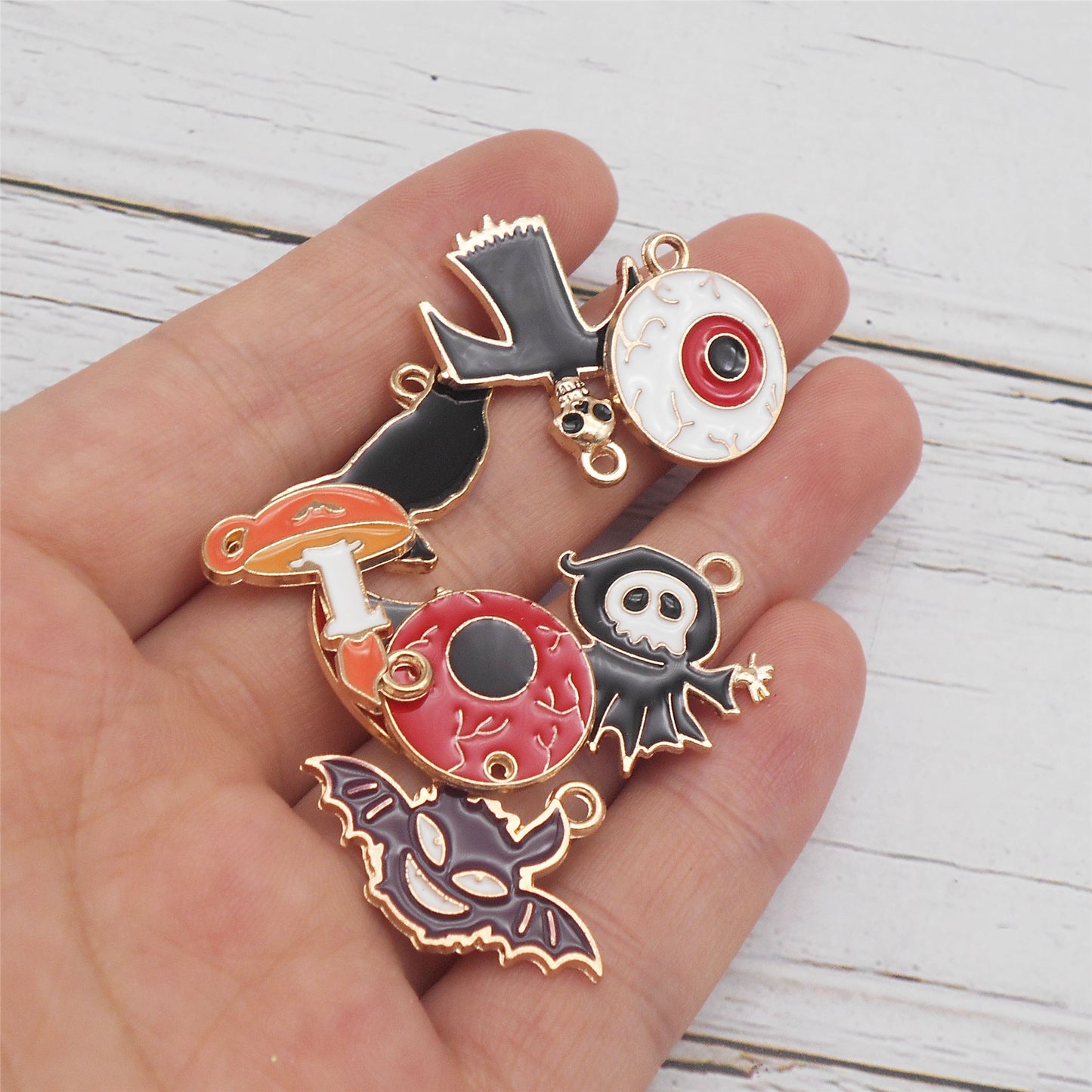8PCS Halloween Flat Back Alloy Charms Enamel Demon Bat, Ghost, Eyeball, Raven, Burning Candle, Axe Pendant for DIY Jewelry Making Accessories Craft & Party Decor Keychain Dangle Findings
