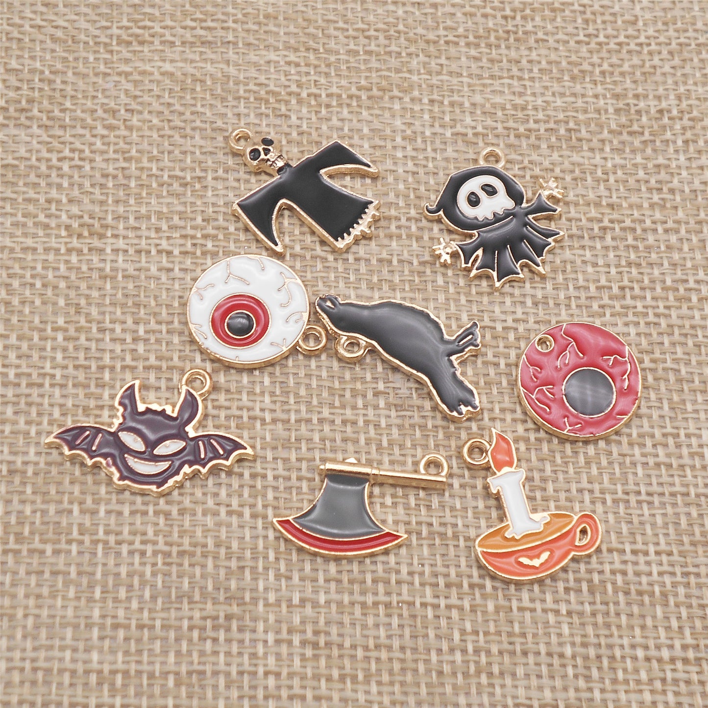 8PCS Halloween Flat Back Alloy Charms Enamel Demon Bat, Ghost, Eyeball, Raven, Burning Candle, Axe Pendant for DIY Jewelry Making Accessories Craft & Party Decor Keychain Dangle Findings