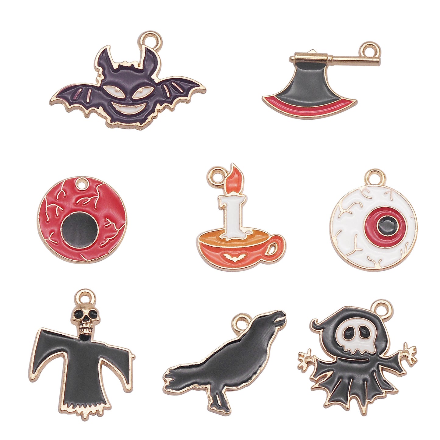 8PCS Halloween Flat Back Alloy Charms Enamel Demon Bat, Ghost, Eyeball, Raven, Burning Candle, Axe Pendant for DIY Jewelry Making Accessories Craft & Party Decor Keychain Dangle Findings