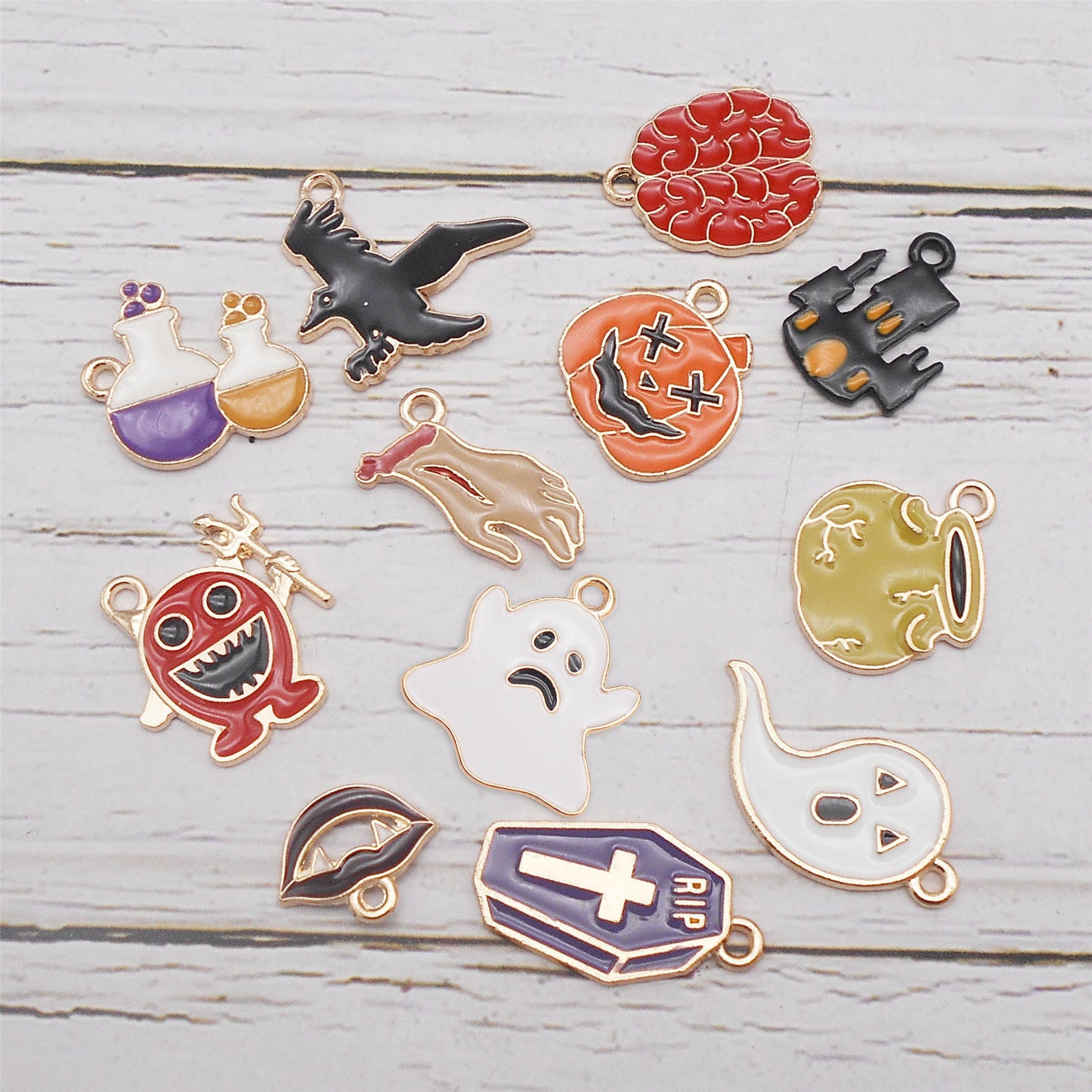 12PCS Enamel Halloween Jack-O'-Lantern, Witch Bottle Charms Alloy Raven, Ghost, Demon, Mini Castle Pendant for DIY Jewelry Supply Necklace Earrings Decor