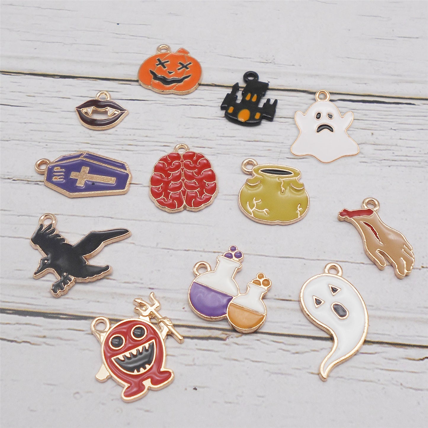 12PCS Enamel Halloween Jack-O'-Lantern, Witch Bottle Charms Alloy Raven, Ghost, Demon, Mini Castle Pendant for DIY Jewelry Supply Necklace Earrings Decor