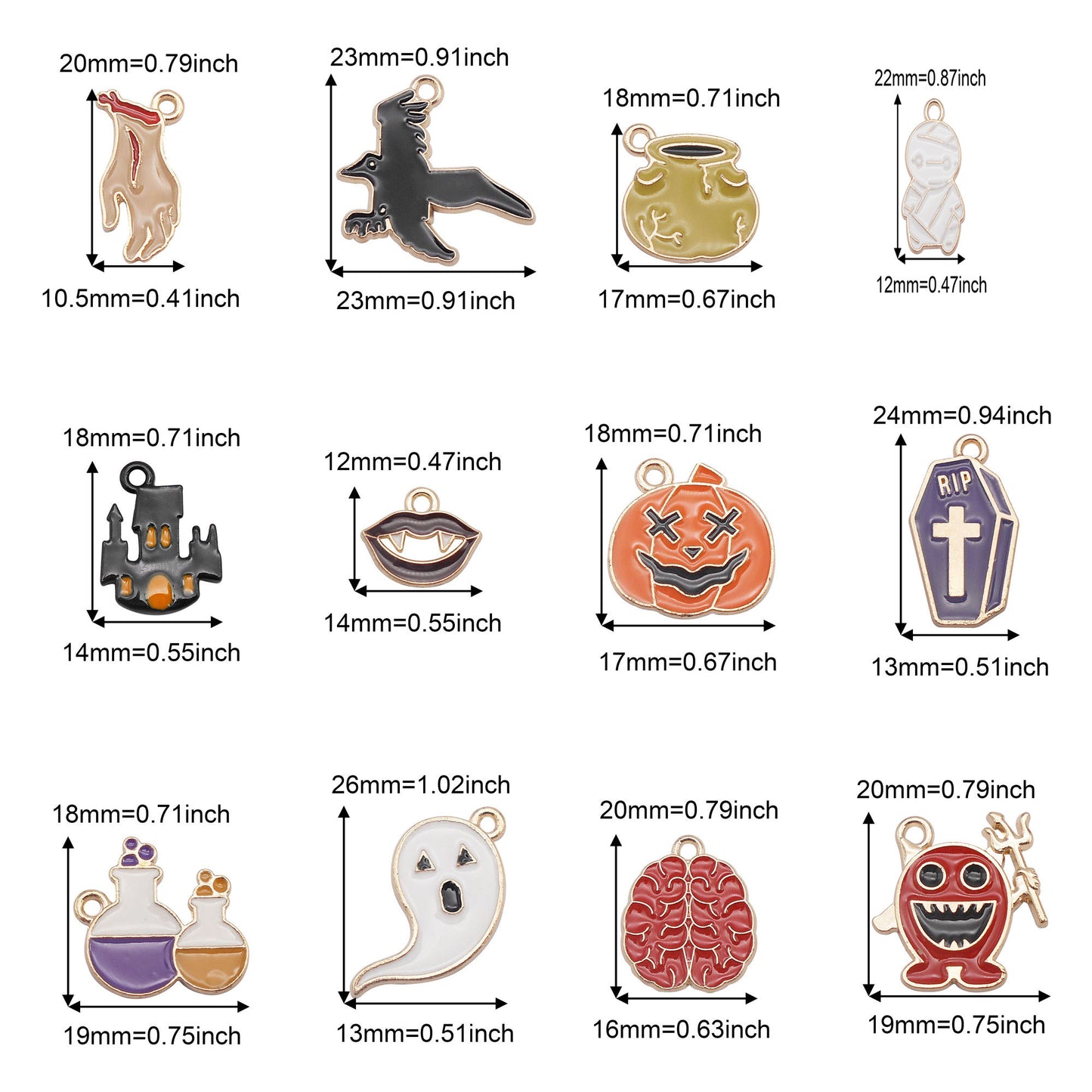 12PCS Enamel Halloween Jack-O'-Lantern, Witch Bottle Charms Alloy Raven, Ghost, Demon, Mini Castle Pendant for DIY Jewelry Supply Necklace Earrings Decor