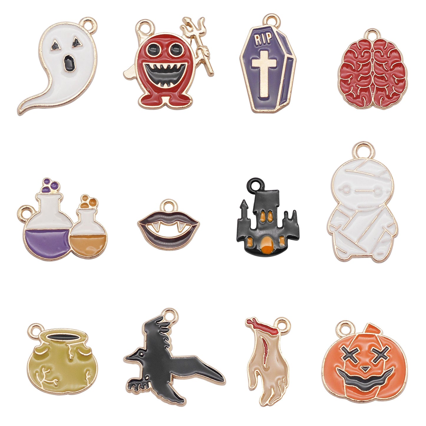12PCS Enamel Halloween Jack-O'-Lantern, Witch Bottle Charms Alloy Raven, Ghost, Demon, Mini Castle Pendant for DIY Jewelry Supply Necklace Earrings Decor