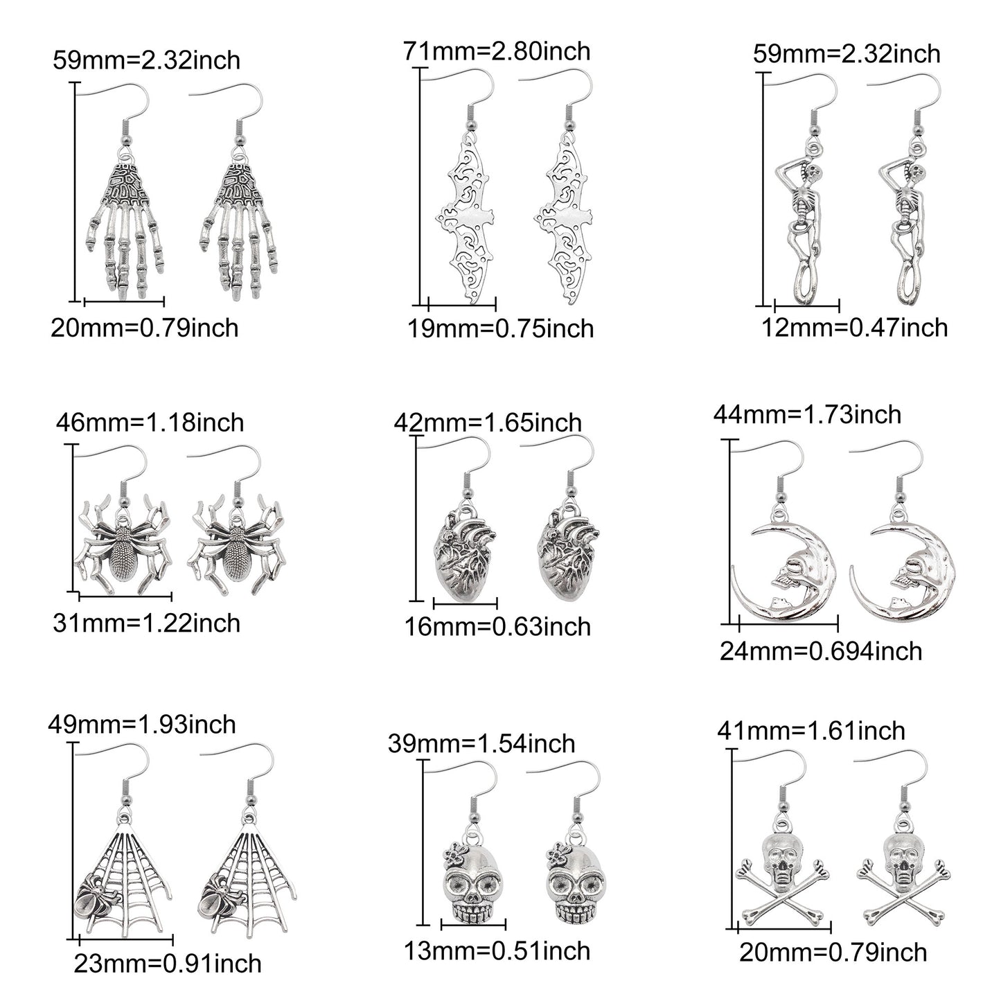 1 Pair Antique Silver Color Halloween Dangle Earrings Moon Bat Skull Designed Alloy Hook Ear Women Hypoallergenic Earring Jewelry for Daily Use & Festival Gifts