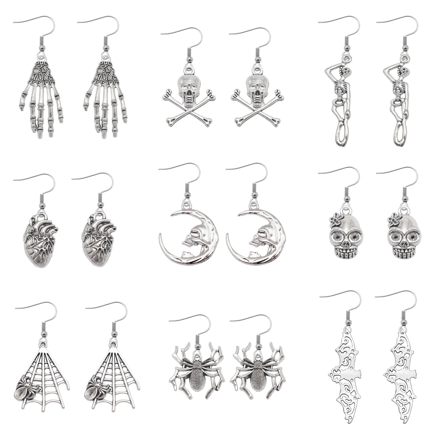 1 Pair Antique Silver Color Halloween Dangle Earrings Moon Bat Skull Designed Alloy Hook Ear Women Hypoallergenic Earring Jewelry for Daily Use & Festival Gifts