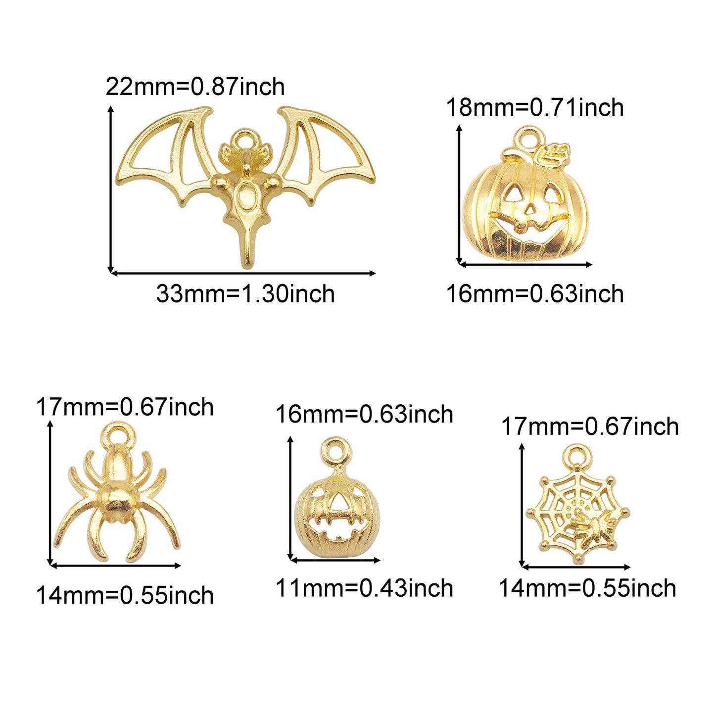 20PCS Quality Plated Golden Spider Bat Charms Metal Halloween Pumpkin Cobweb Pendant for Jewelry Making DIY Crafts Decor