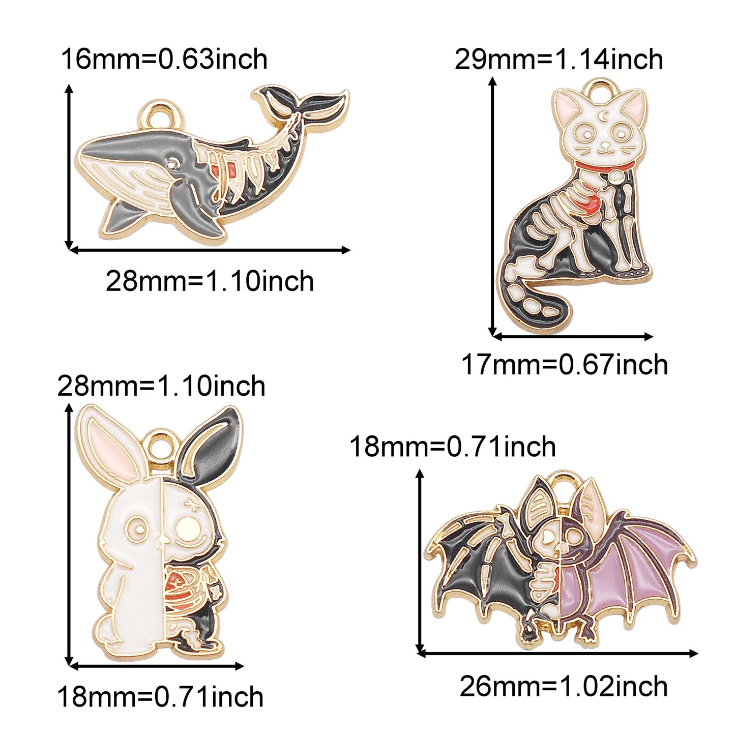 8Pcs Golden Bezel Halloween Animal Charms Enamel Alloy Whale Cat Rabbit Bat Pendants Gothic Style Dangle with Skeletal Elements for DIY Jewelry Making Crafts Decor
