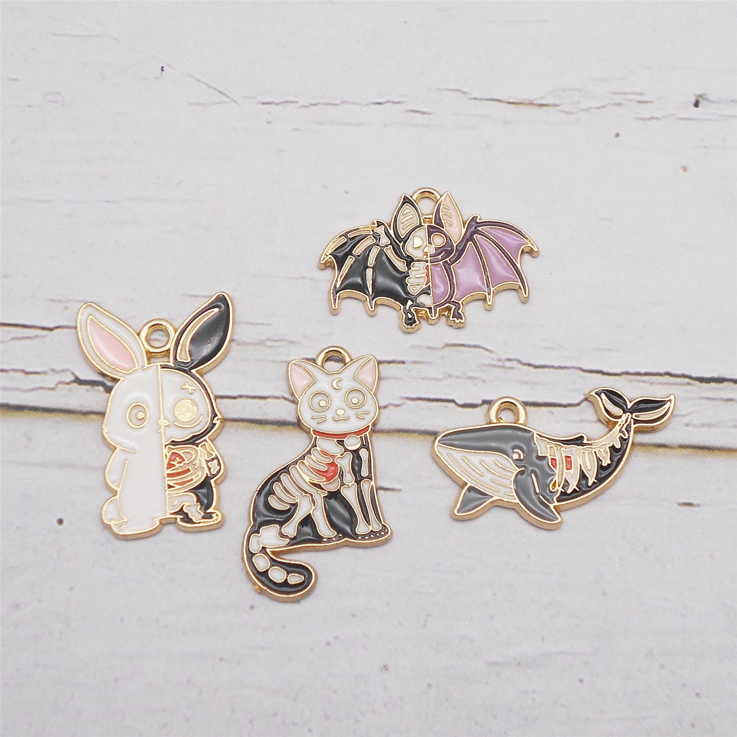 8Pcs Golden Bezel Halloween Animal Charms Enamel Alloy Whale Cat Rabbit Bat Pendants Gothic Style Dangle with Skeletal Elements for DIY Jewelry Making Crafts Decor