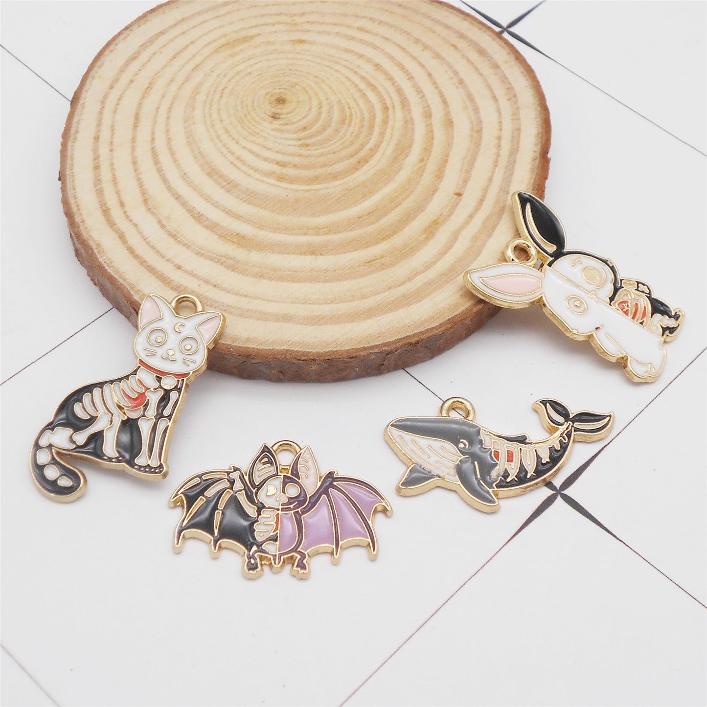 8Pcs Golden Bezel Halloween Animal Charms Enamel Alloy Whale Cat Rabbit Bat Pendants Gothic Style Dangle with Skeletal Elements for DIY Jewelry Making Crafts Decor