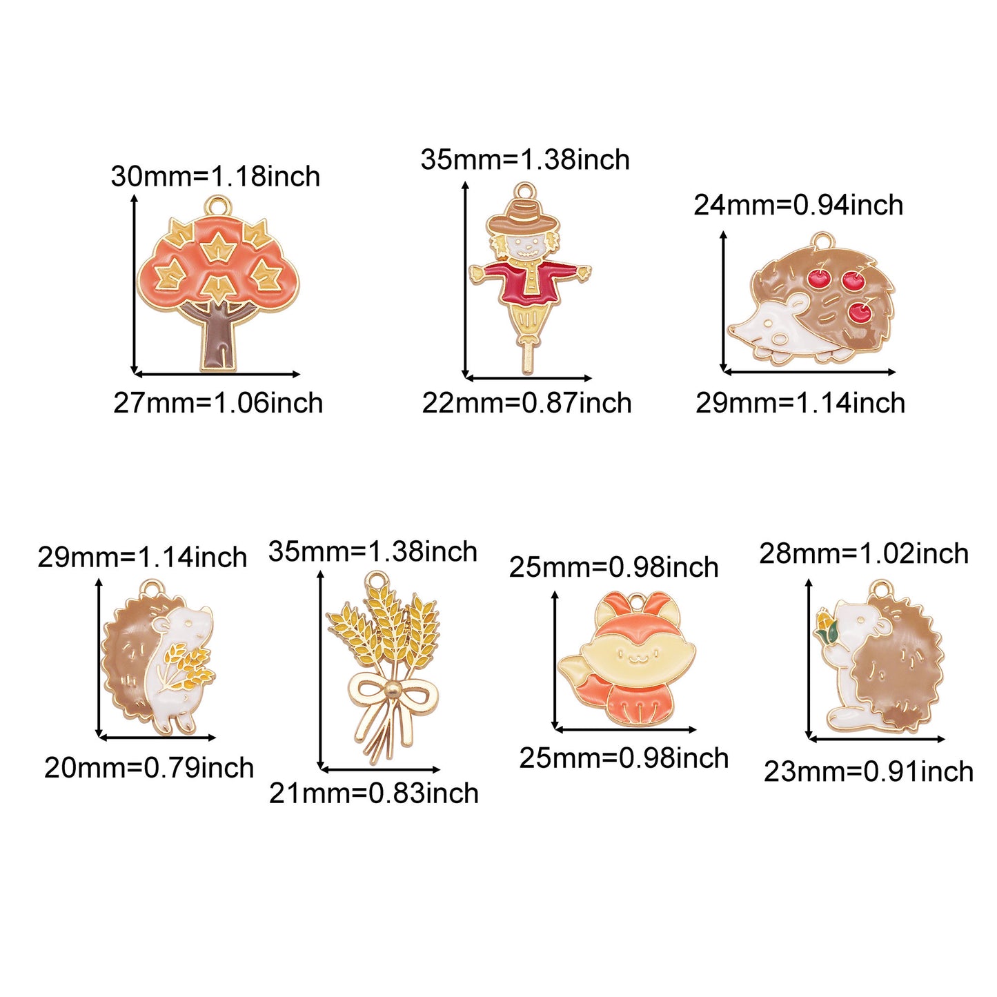 7Pcs Golden Bezel Autumn Hedgehogs Scarecrow Charms Fall-Themed Squirrel Maple Wheat Ear Pendants for DIY Jewelry Making Crafts Decor