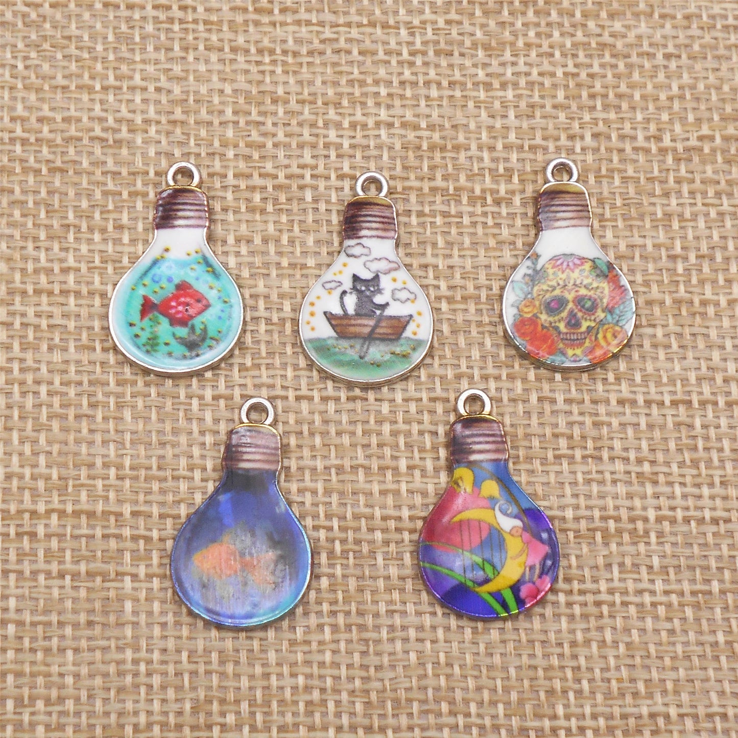 5Pcs 25x15mm Metal Bulb Pendants Cat, Fish, Skull Charm for DIY Jewelry Making Necklace Bracelet Earrings Findings Craft Decor Supplies