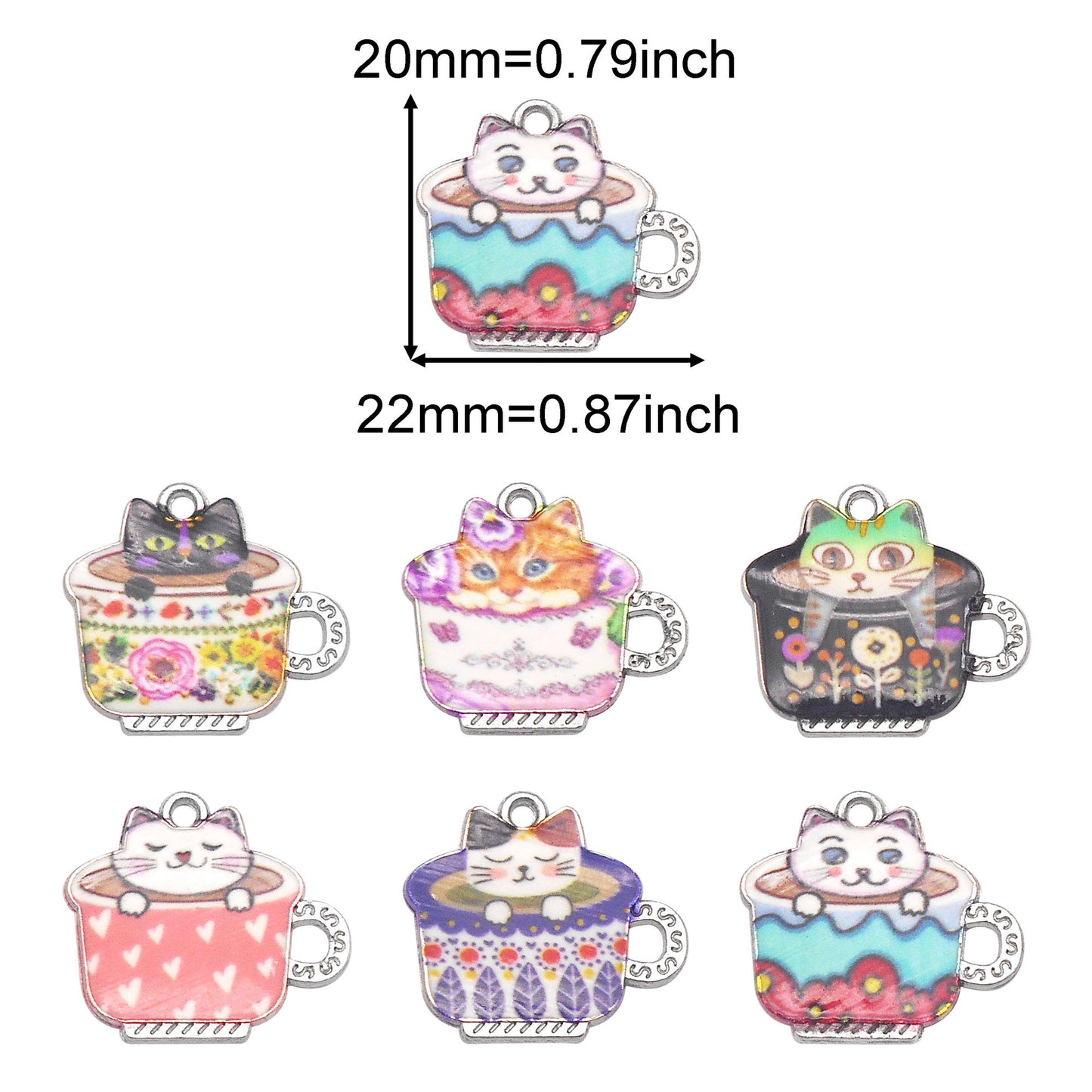 6Pcs 20x22mm Alloy Teacup Cat Charms - Mini Kawaii Cat in Cup Pendants for Jewelry Making, Necklace Bracelet Earrings Keychain Decor