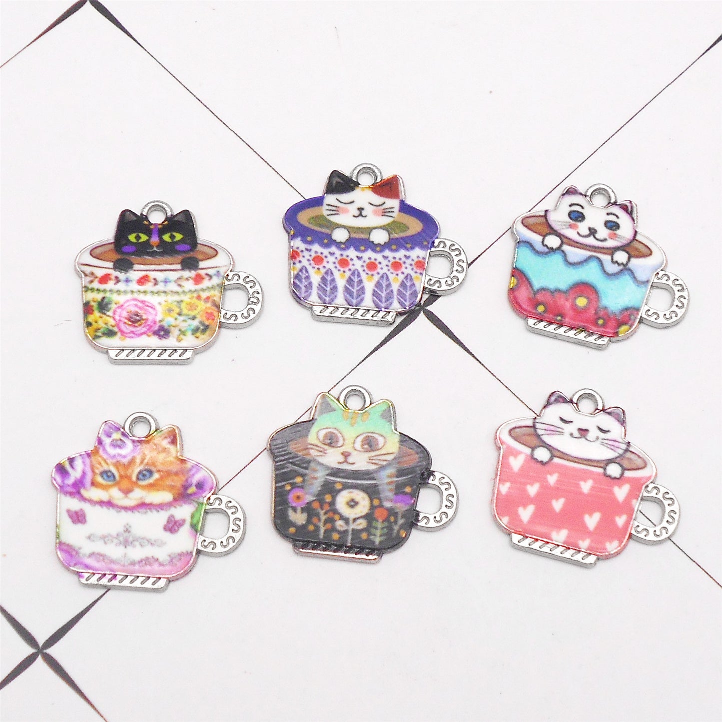 6Pcs 20x22mm Alloy Teacup Cat Charms - Mini Kawaii Cat in Cup Pendants for Jewelry Making, Necklace Bracelet Earrings Keychain Decor