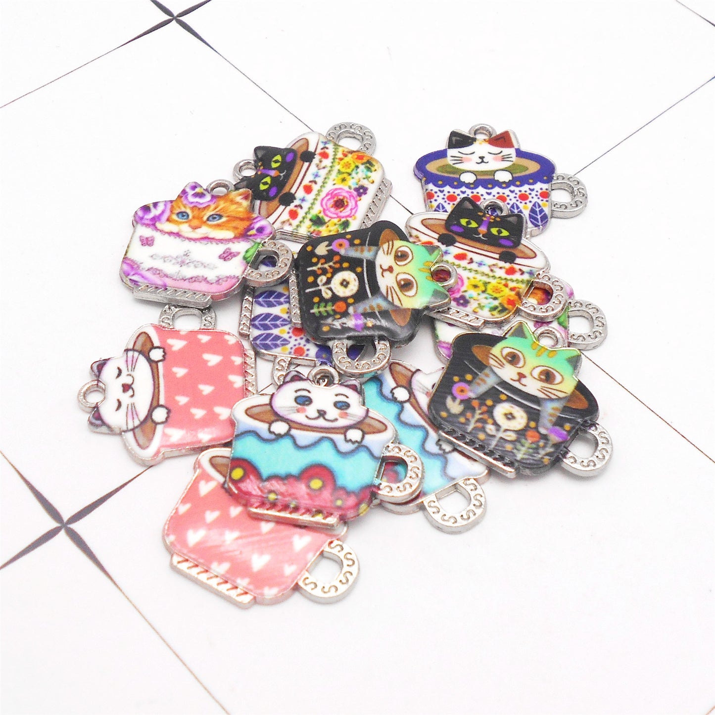 6Pcs 20x22mm Alloy Teacup Cat Charms - Mini Kawaii Cat in Cup Pendants for Jewelry Making, Necklace Bracelet Earrings Keychain Decor